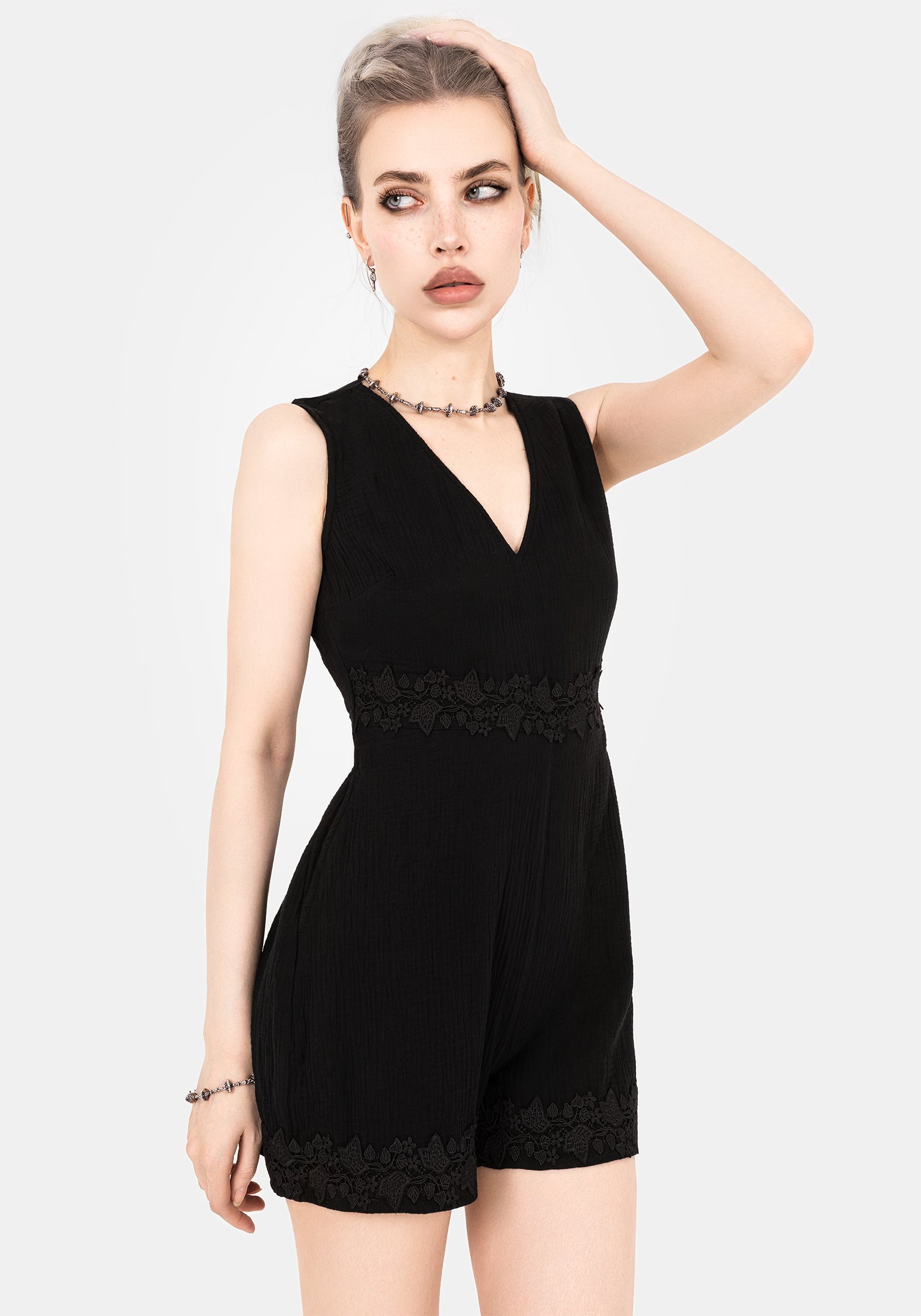 Black Cotton Playsuit with Ivy Applique & Pockets | Alder