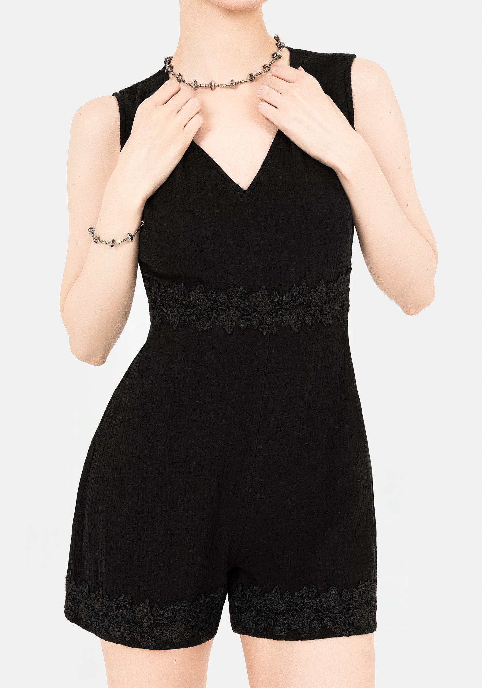 Black Cotton Playsuit with Ivy Applique & Pockets | Alder