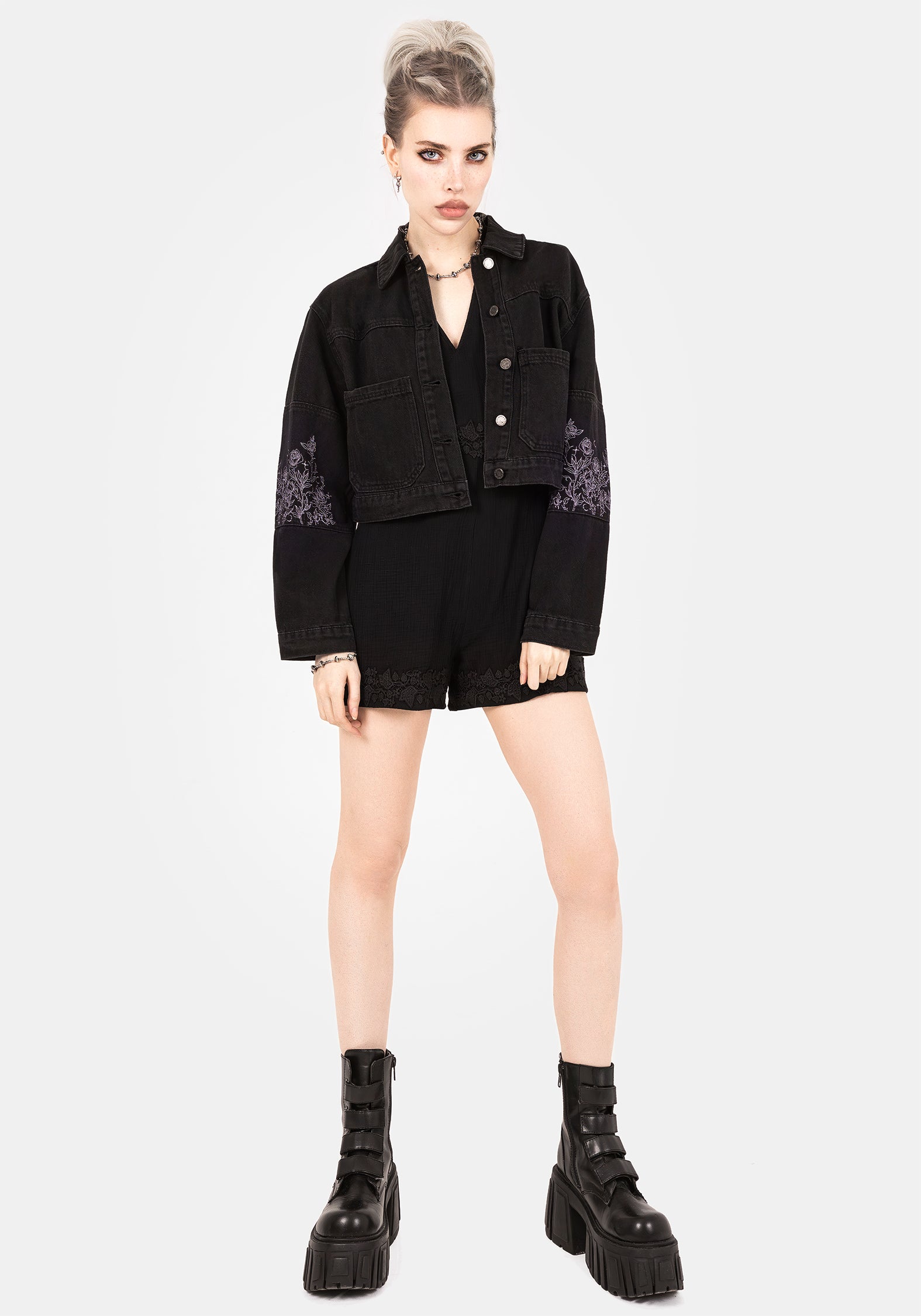 Black Cotton Playsuit with Ivy Applique & Pockets | Alder