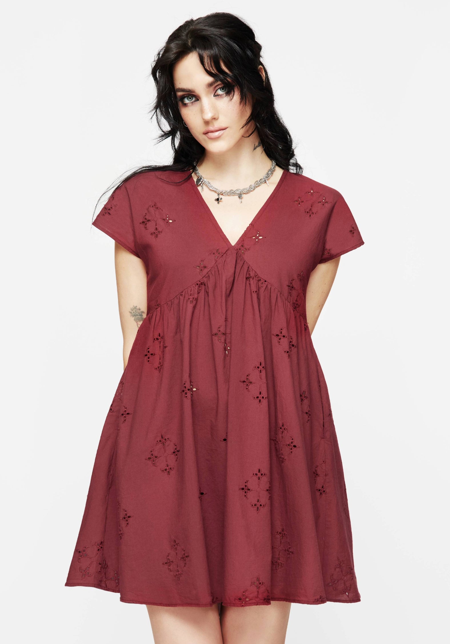 Red Cotton Smock Mini Dress with Broderie & Pockets | Crux