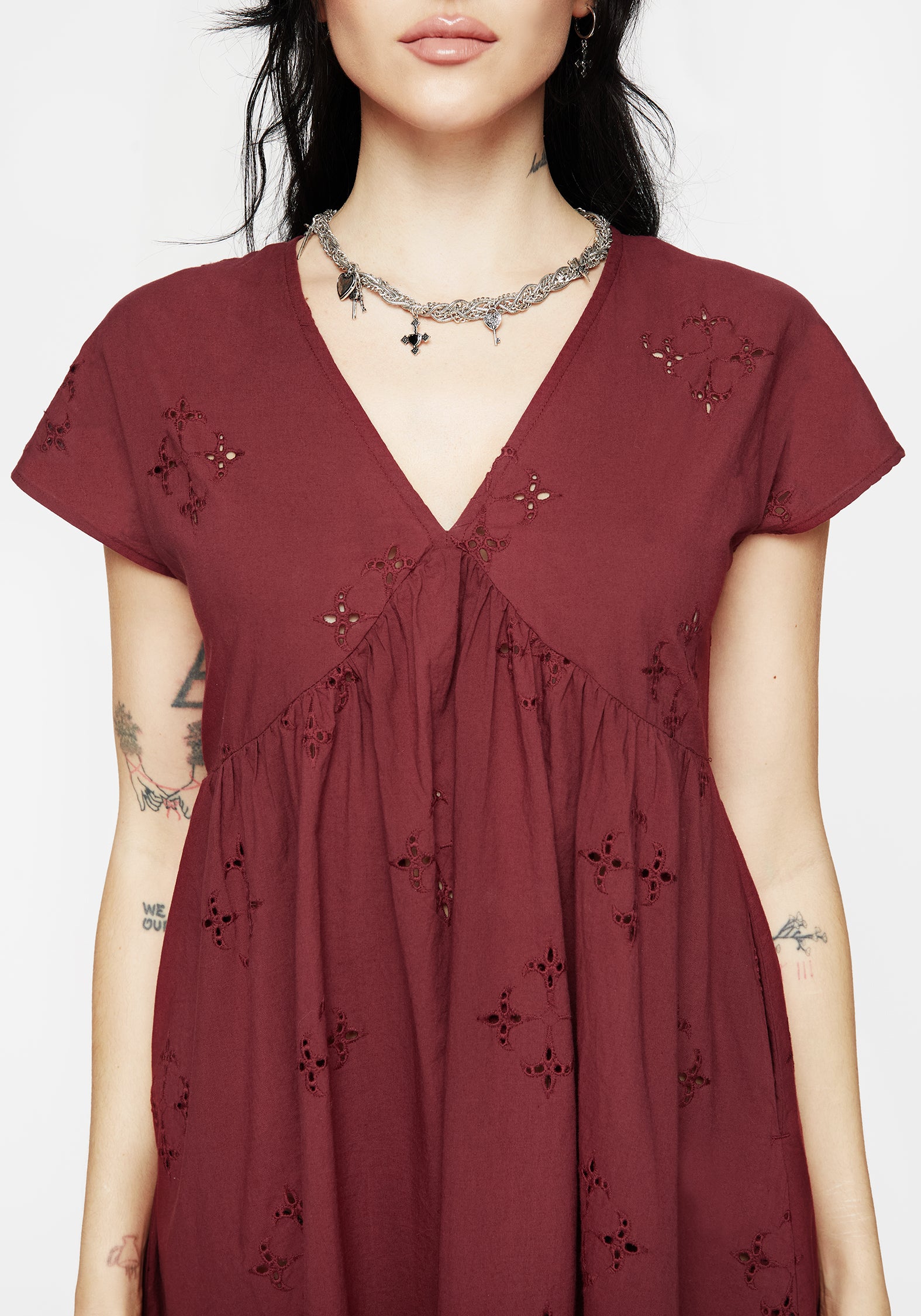 Red Cotton Smock Mini Dress with Broderie & Pockets | Crux
