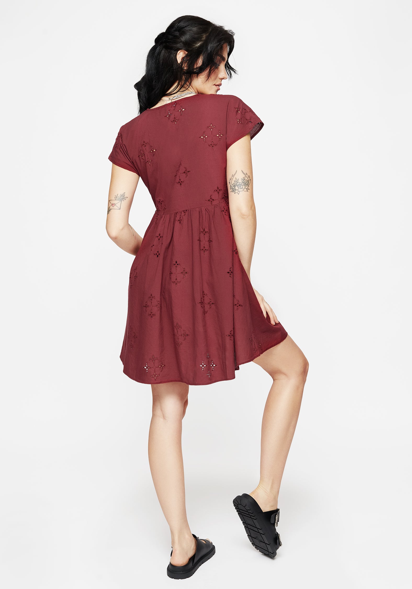 Red Cotton Smock Mini Dress with Broderie & Pockets | Crux