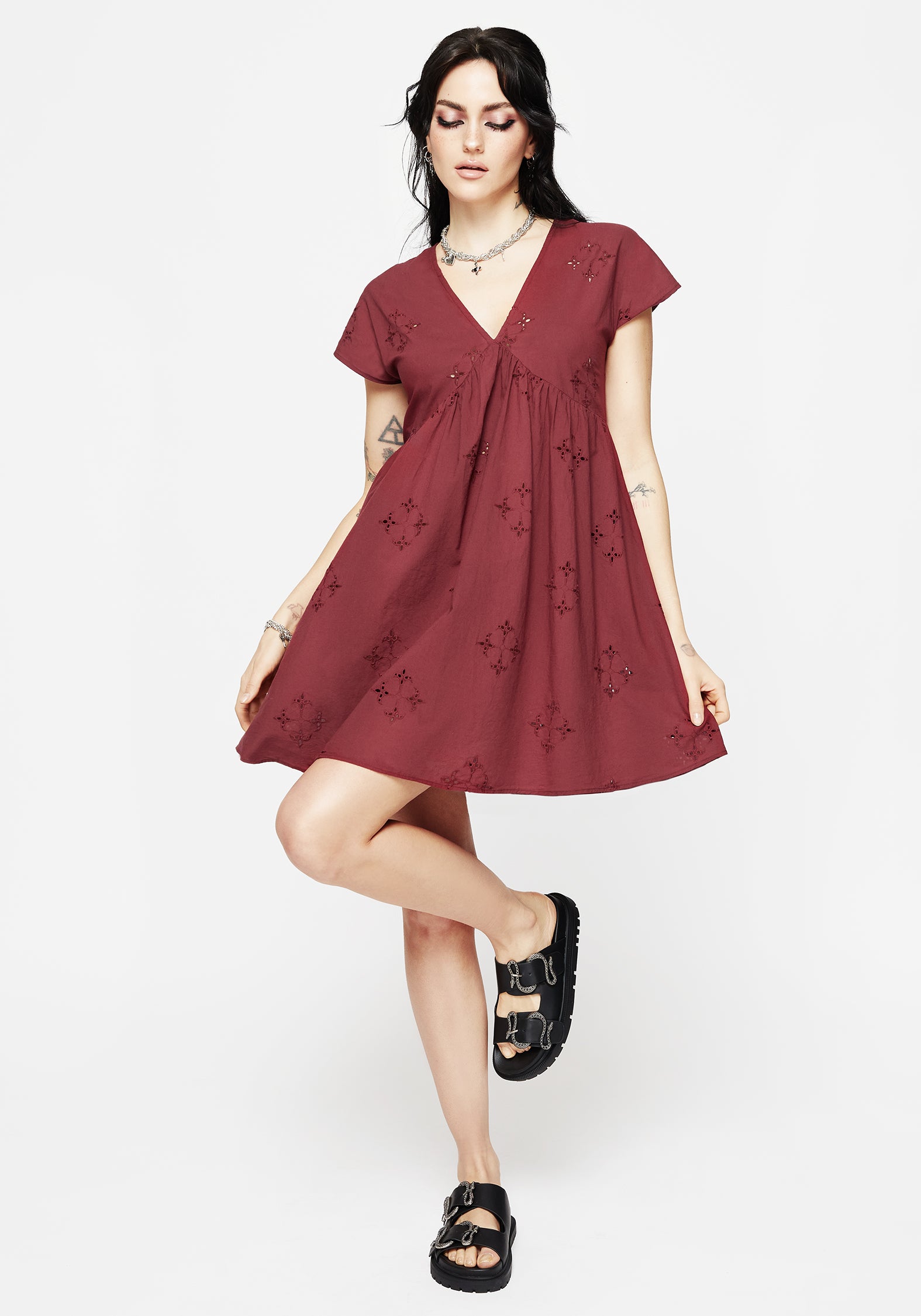 Red Cotton Smock Mini Dress with Broderie & Pockets | Crux