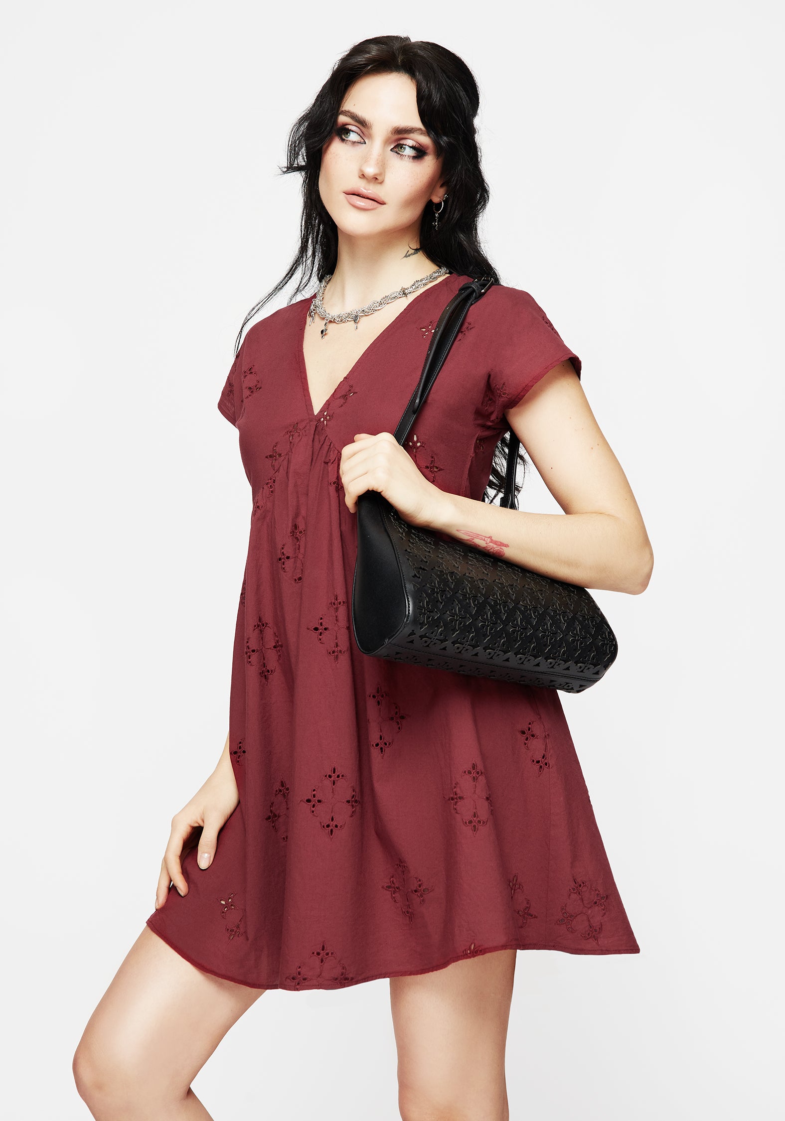 Red Cotton Smock Mini Dress with Broderie & Pockets | Crux