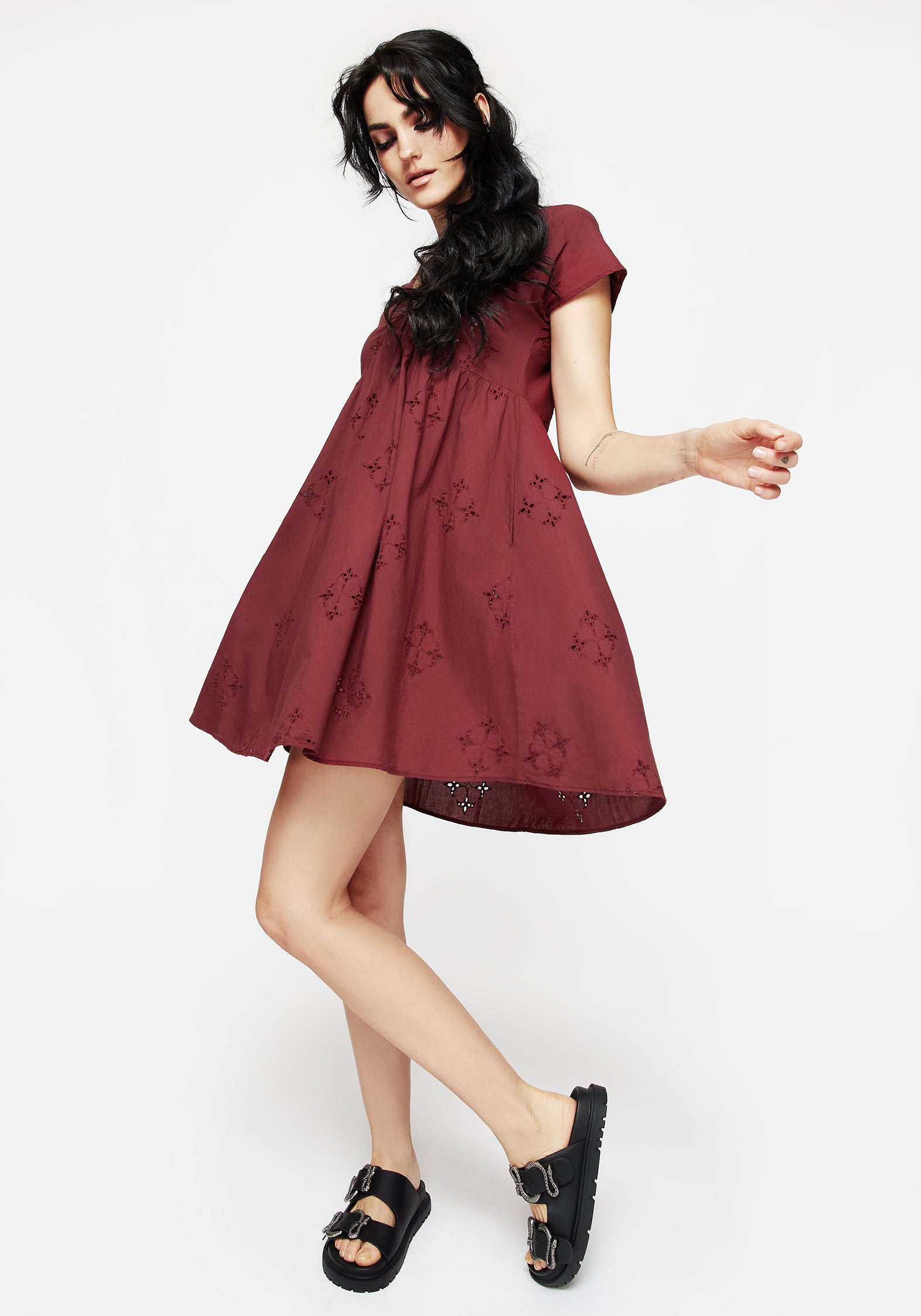 Red Cotton Smock Mini Dress with Broderie & Pockets | Crux