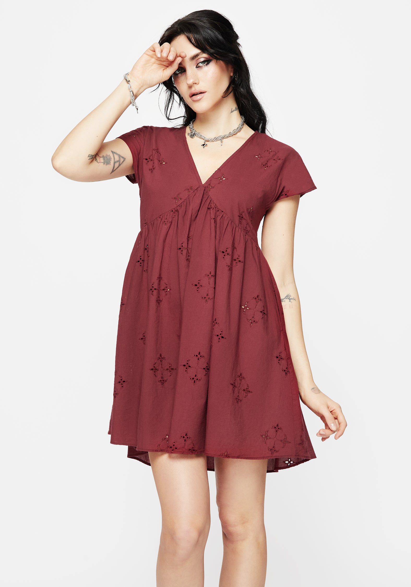 Red Cotton Smock Mini Dress with Broderie & Pockets | Crux