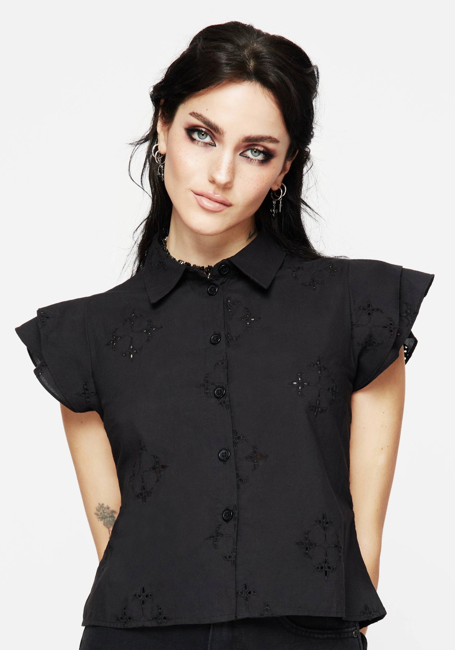 Black Cotton Broderie Frill Sleeve Button-Up Shirt | Crux