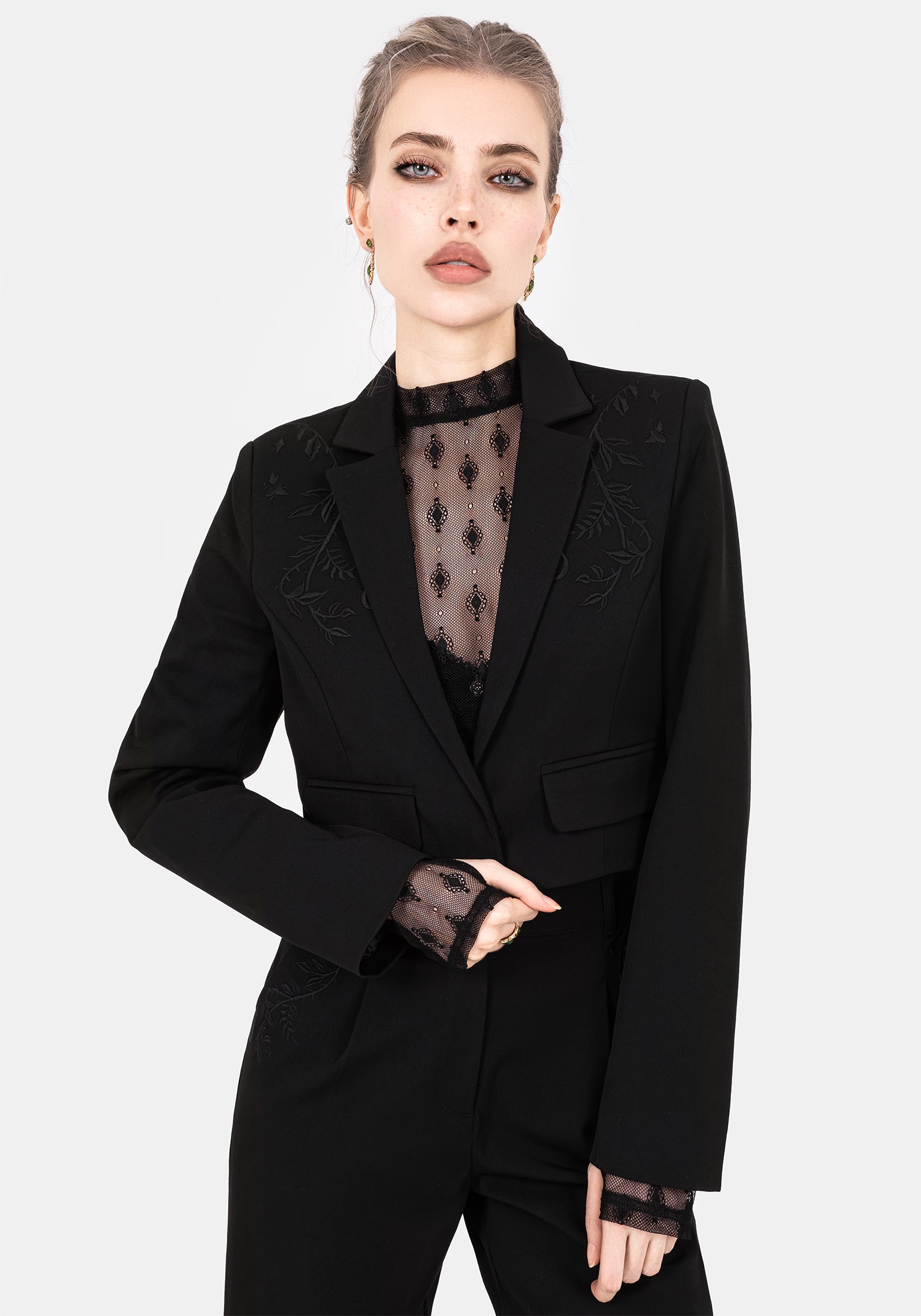 Embroidered Cropped Blazer with Celestial Design | Mona