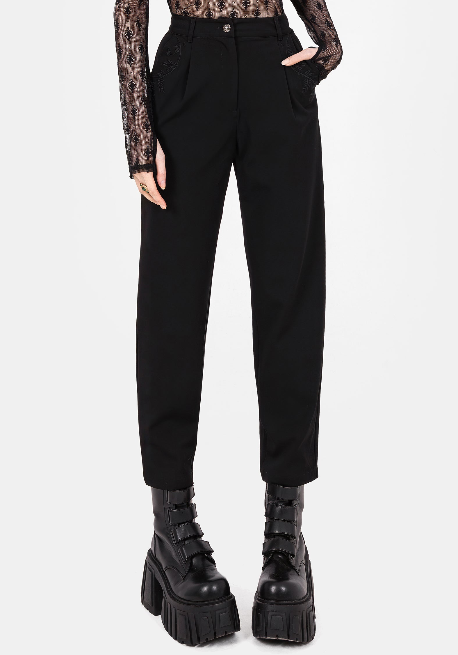 Black High Waisted Trousers with Embroidered Design | Mona