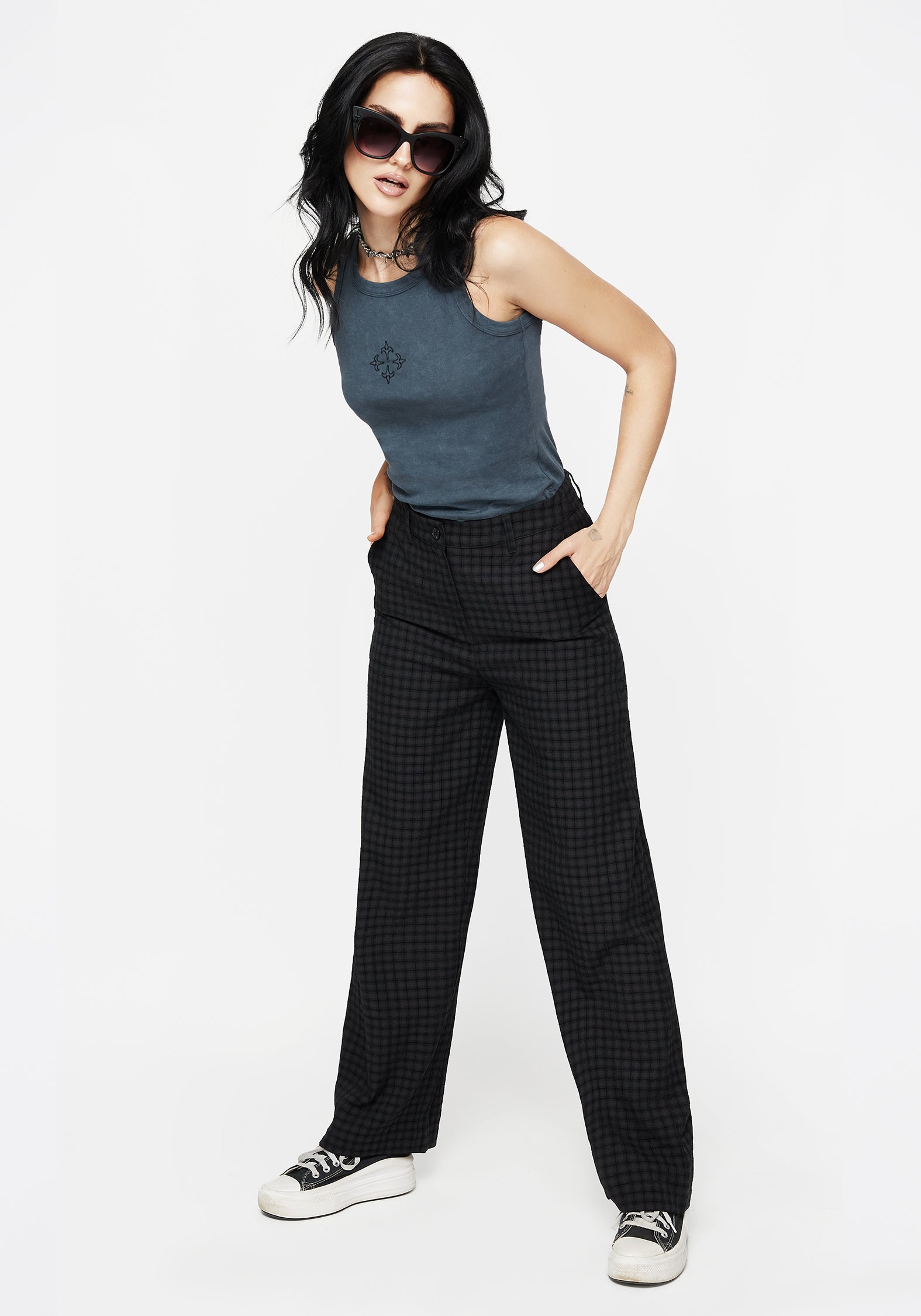 Black Check Straight Leg Trousers with Side Pockets | Ziggy
