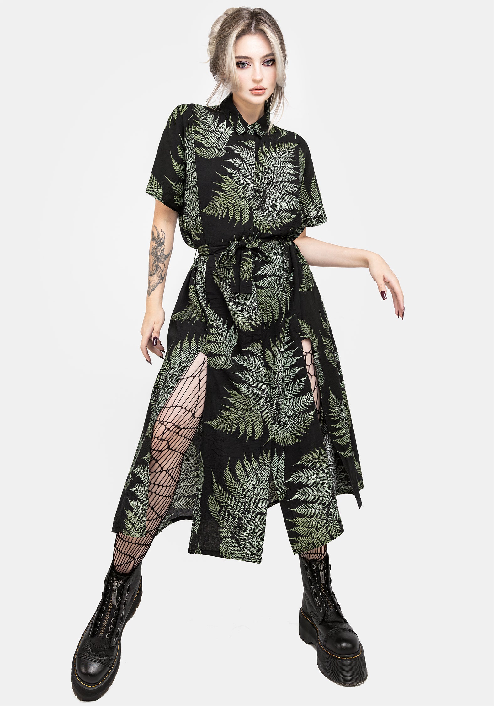 Fern Print Midi Shirt Dress with Belt & Front Splits | Black & Green
