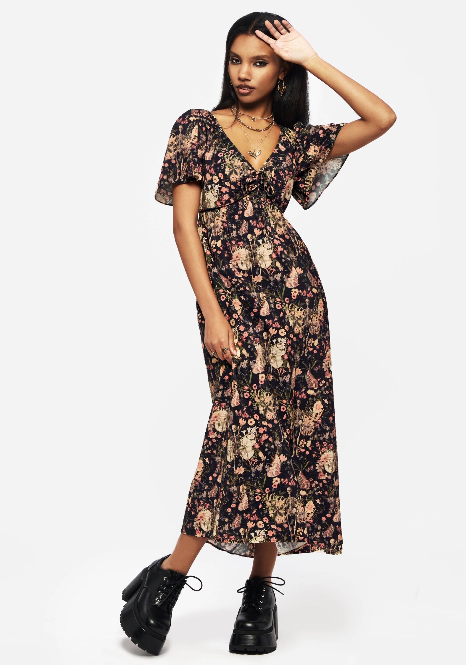Floral Print Tie Front Maxi Dress with V-Neck & Angel Sleeves | Pixie