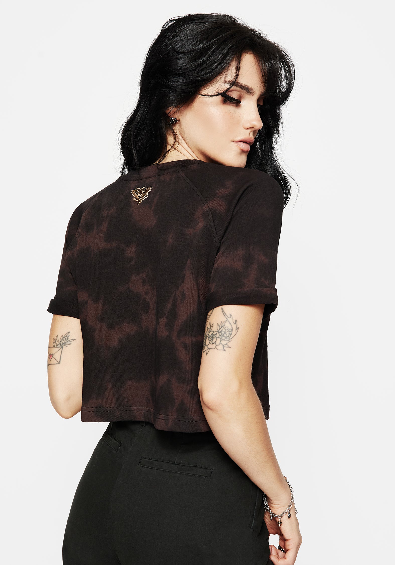 Tie Dye Cropped Cotton Tee with Death Moth Embroidery | Mercury