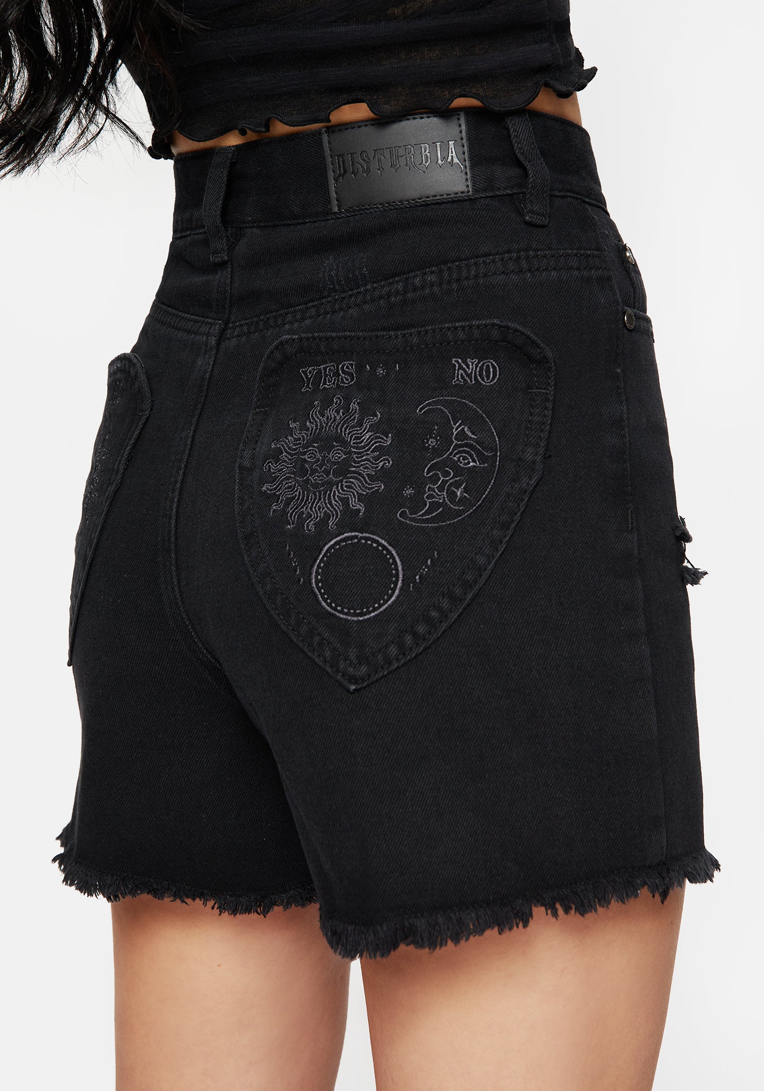Distressed Denim Shorts with Planchette Embroidery | High Waisted