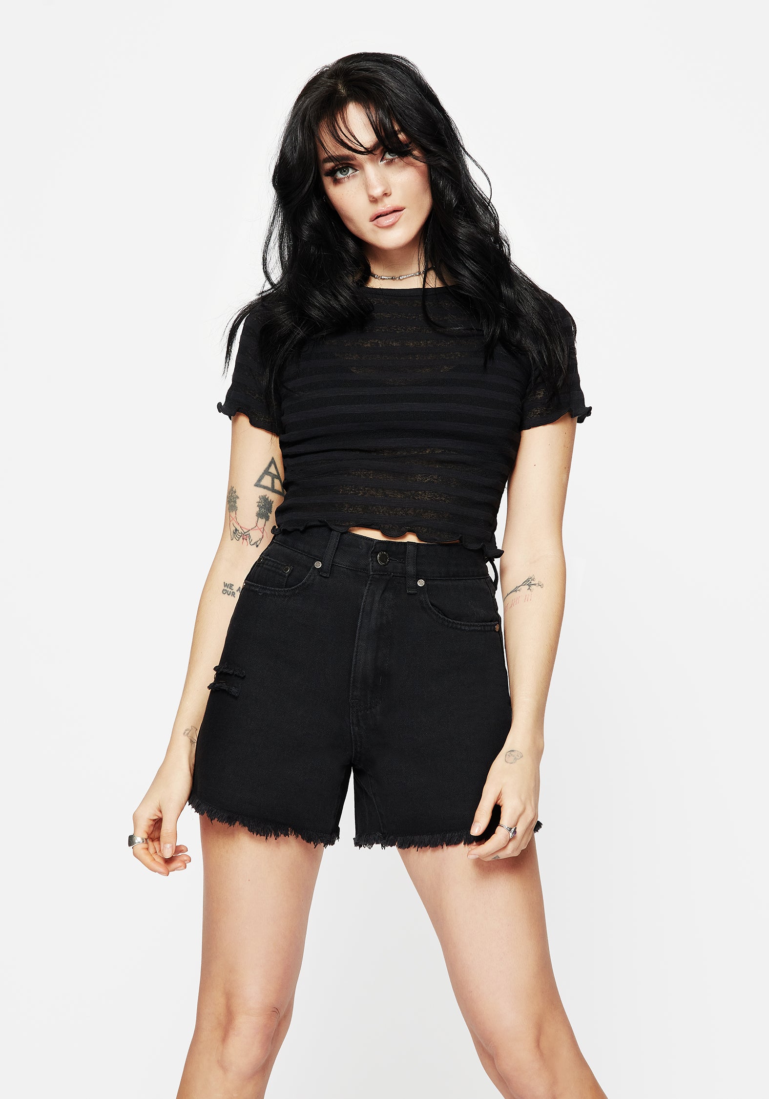 Distressed Denim Shorts with Planchette Embroidery | High Waisted