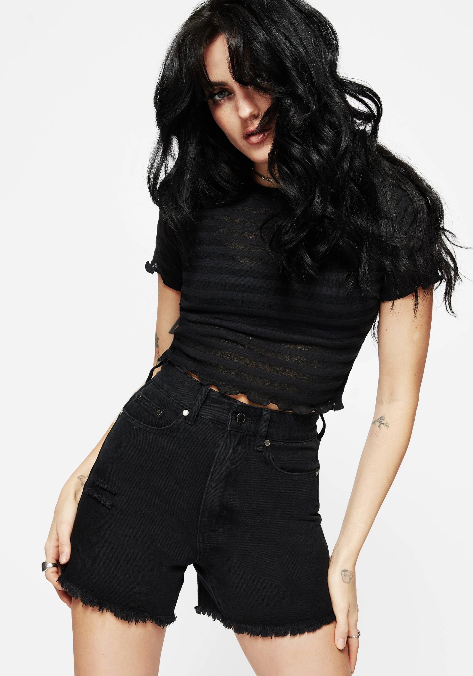 Distressed Denim Shorts with Planchette Embroidery | High Waisted
