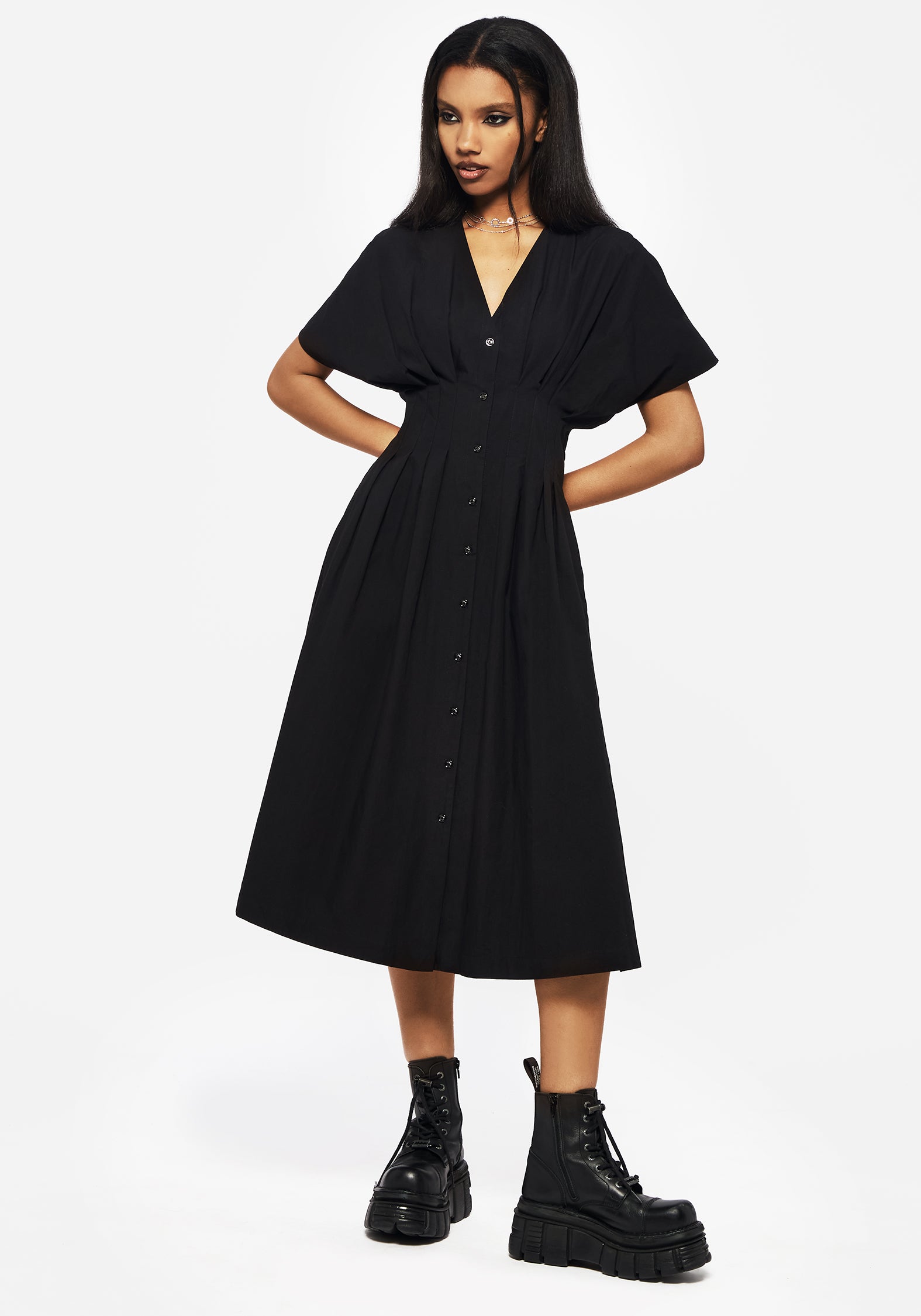 Black Cotton Button Up Shirt Dress with Pockets | Finis