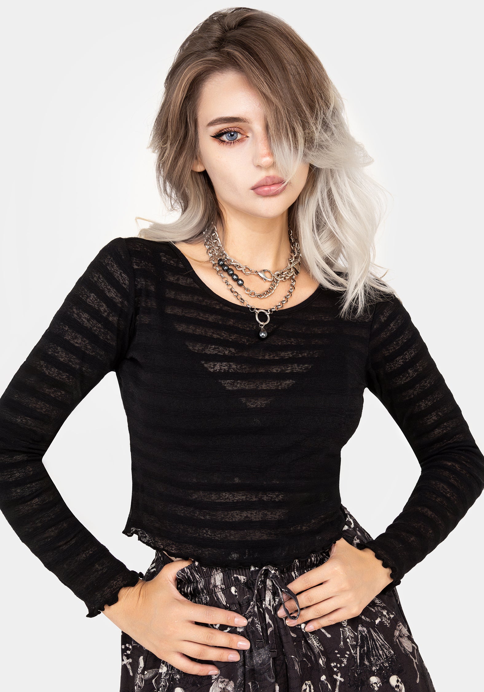 Black Striped Sheer Crop Top with Lettuce Hem | Gomez