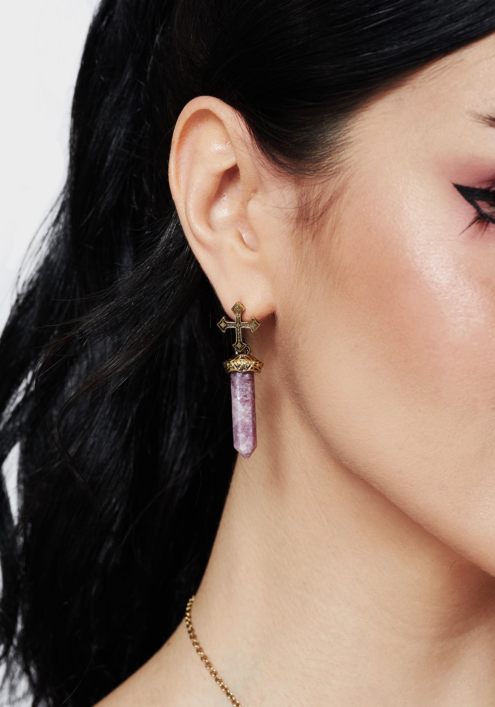 Gold Cross Crystal Earrings with Real Stone | Vallum Shard
