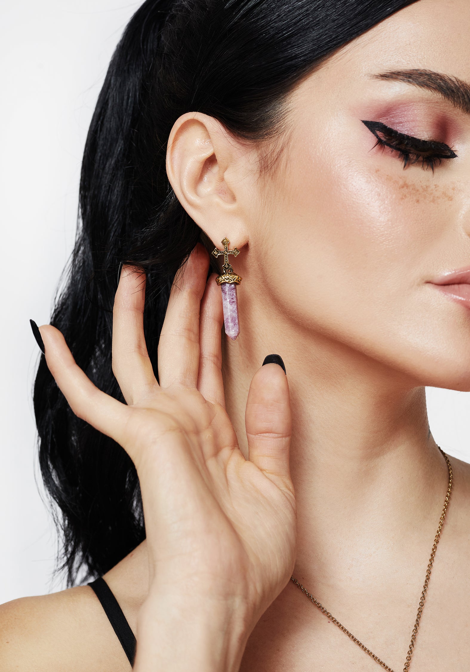 Gold Cross Crystal Earrings with Real Stone | Vallum Shard