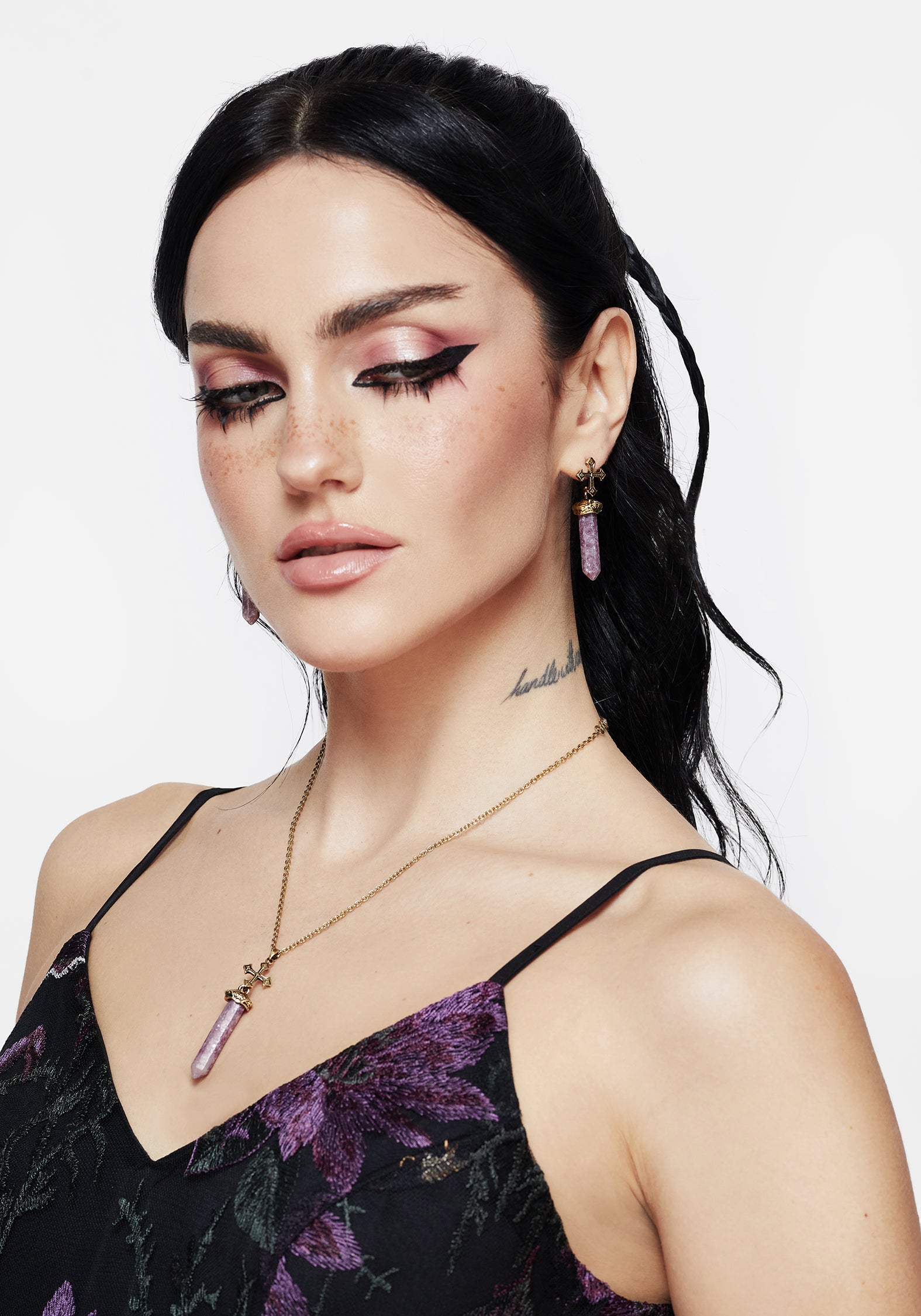 Gold Cross Crystal Earrings with Real Stone | Vallum Shard