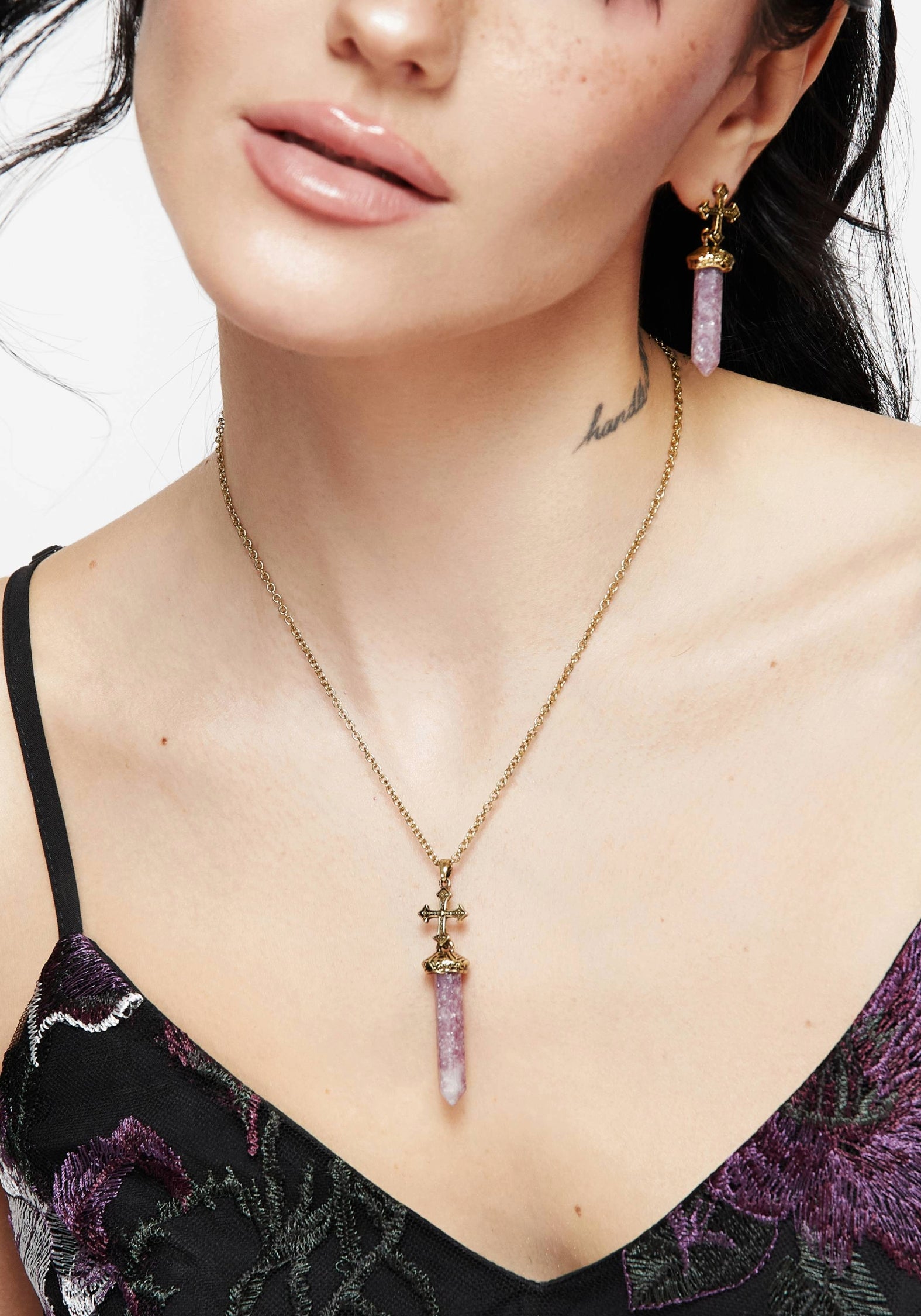 Gold Cross Crystal Pendant Necklace with Real Stone | Vallum Shard