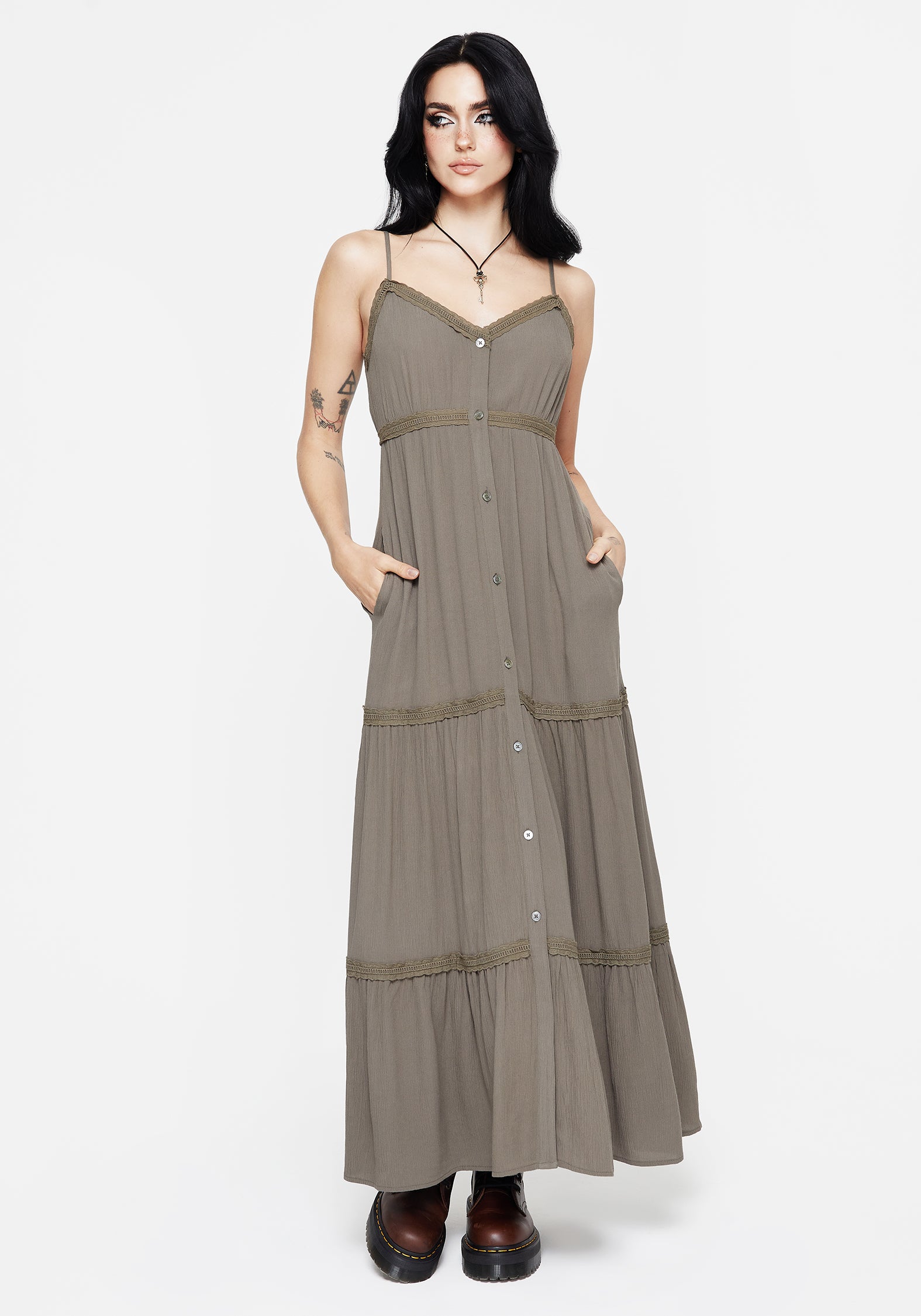 Grey Tiered Lace Maxi Dress with V-Neck & Adjustable Straps | Sara