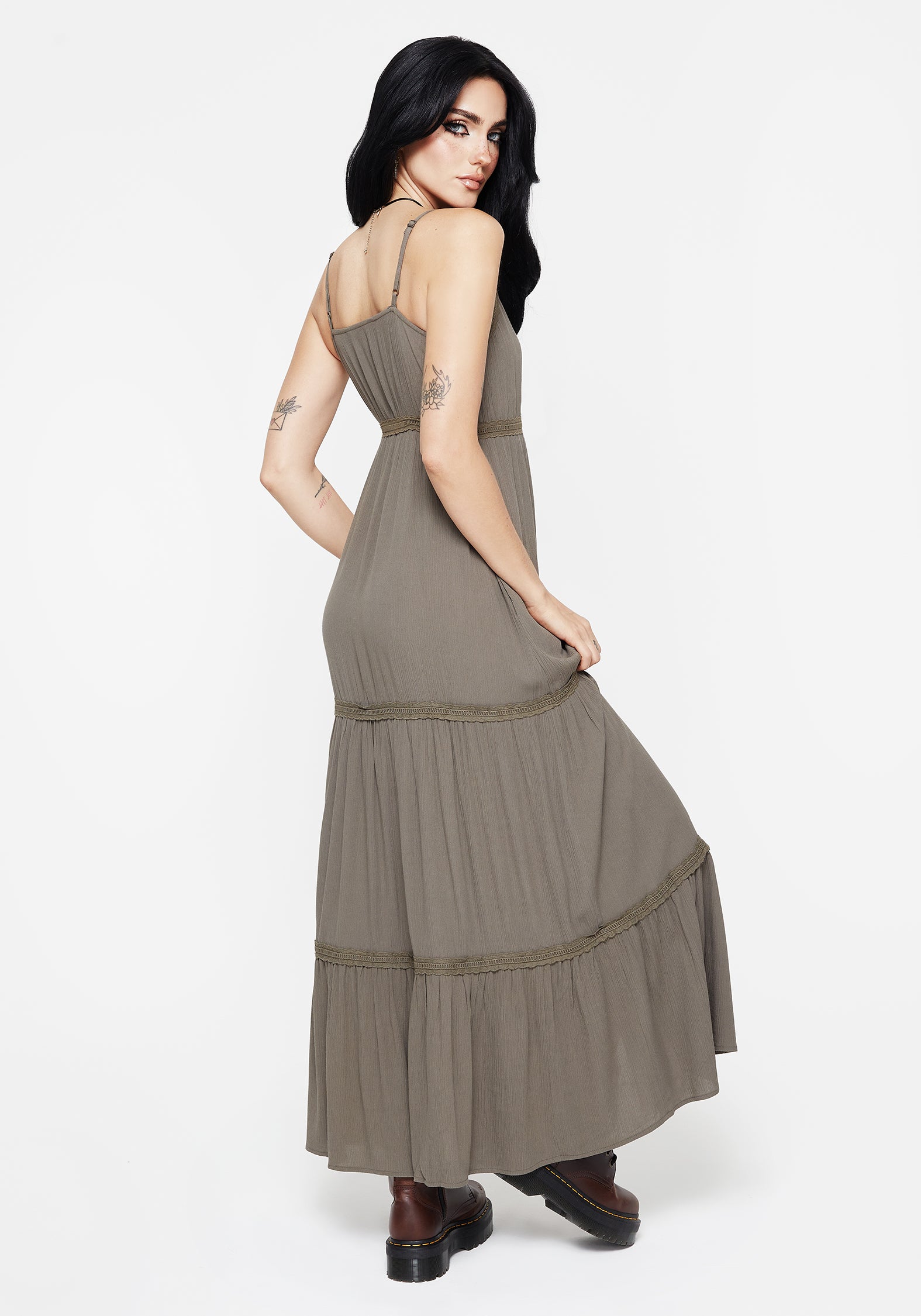 Grey Tiered Lace Maxi Dress with V-Neck & Adjustable Straps | Sara