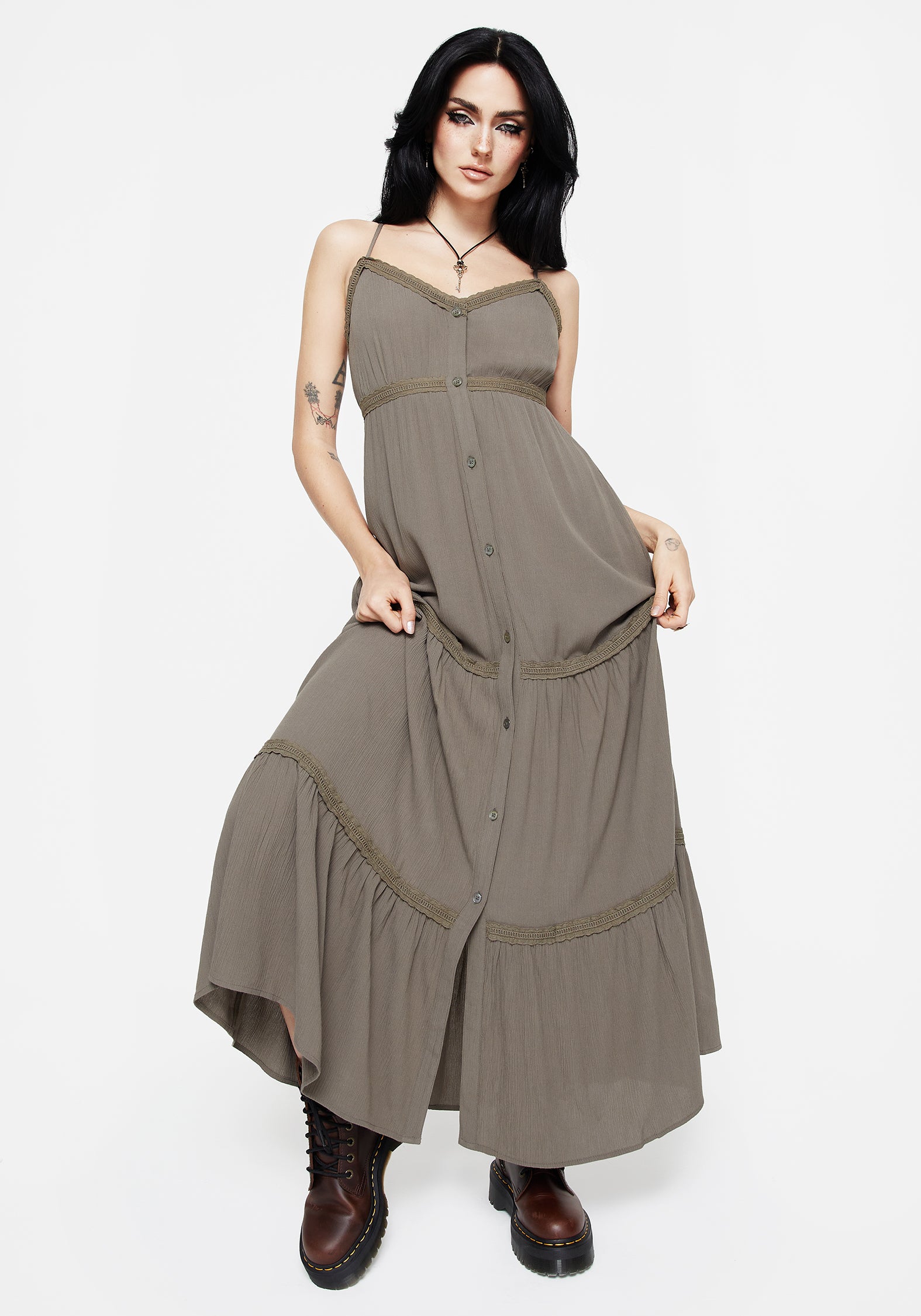 Grey Tiered Lace Maxi Dress with V-Neck & Adjustable Straps | Sara