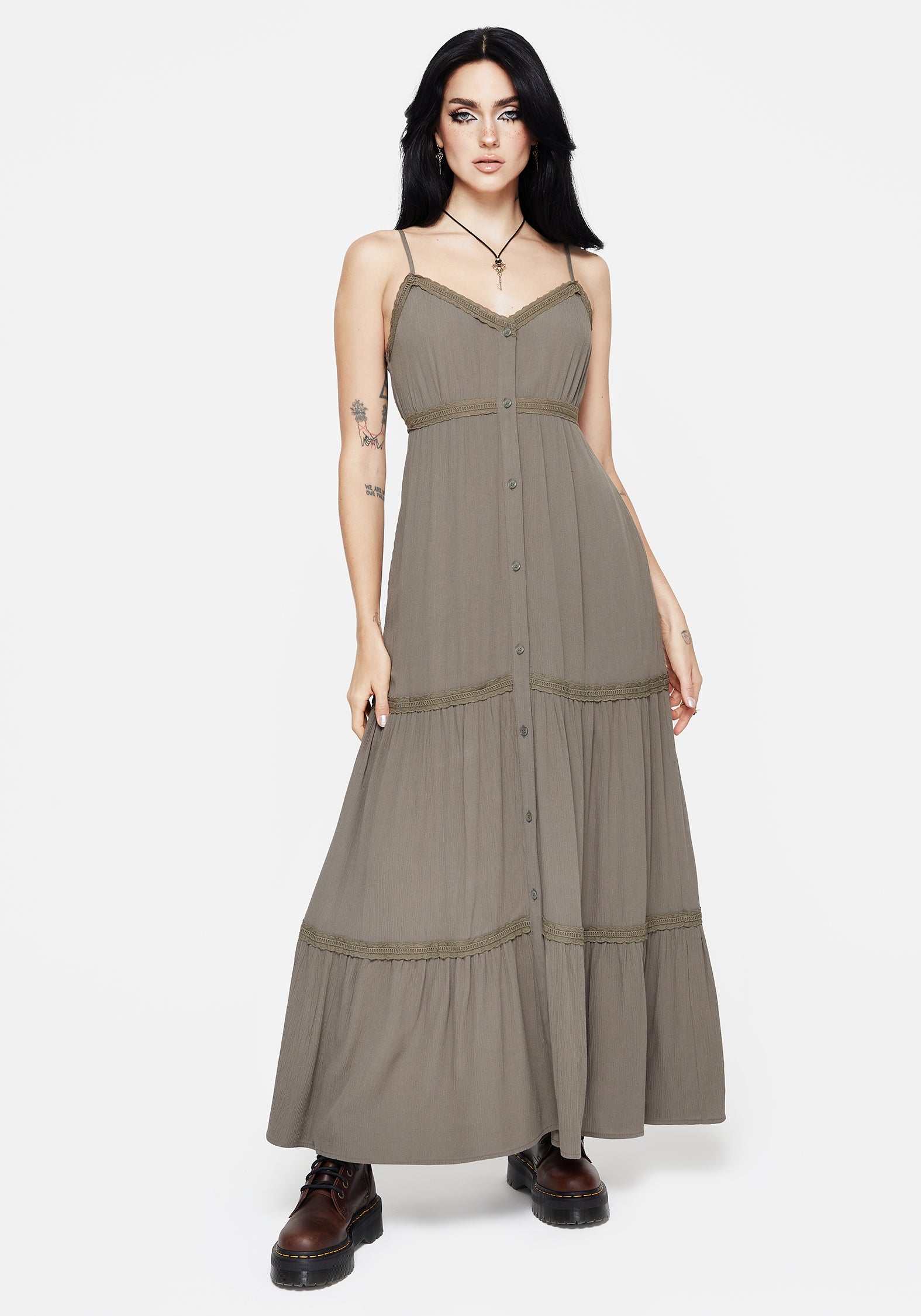 Grey Tiered Lace Maxi Dress with V-Neck & Adjustable Straps | Sara