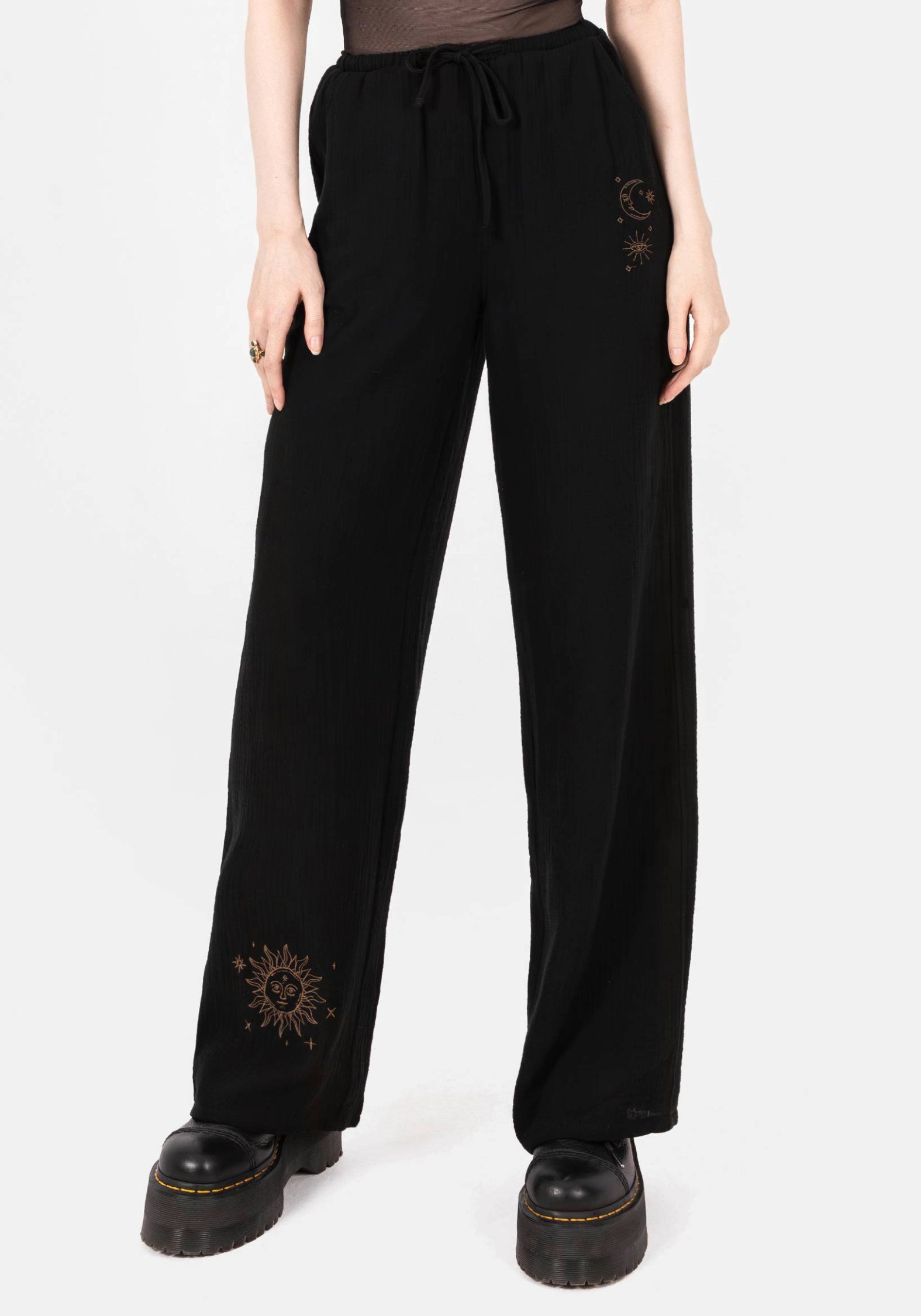 Black Wide Leg Trousers with Sun & Moon Embroidery | Cosmos