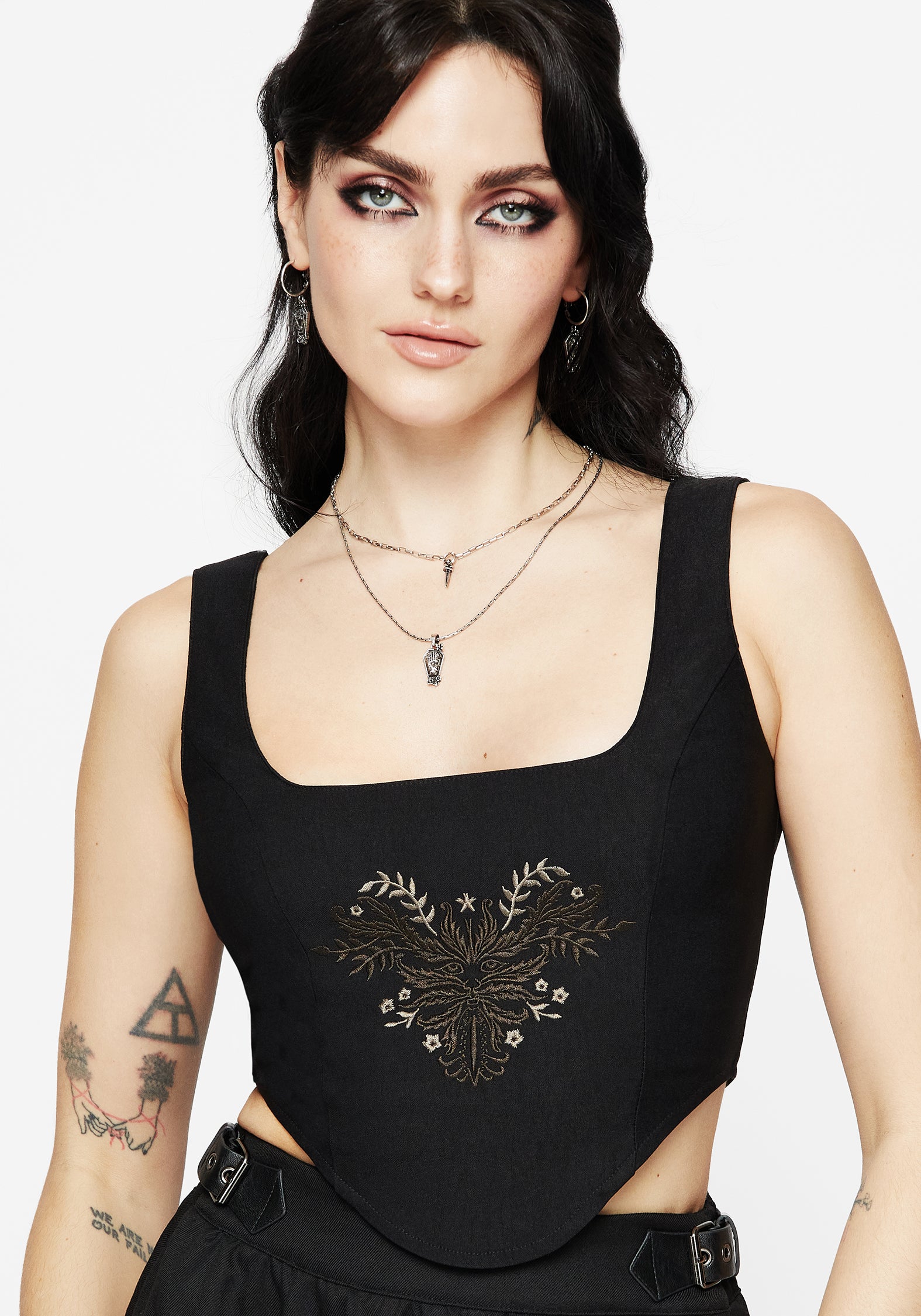 Floral Embroidered Corset Top with Zip-Up Back & Square Neckline
