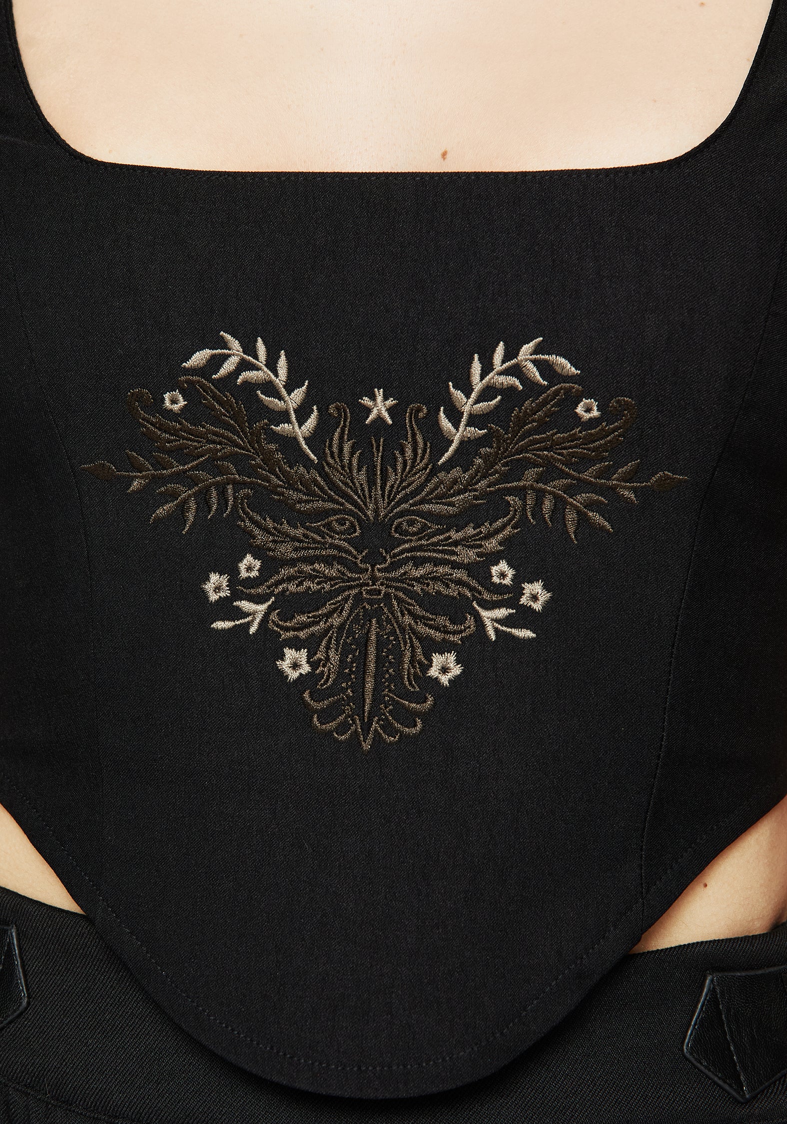 Floral Embroidered Corset Top with Zip-Up Back & Square Neckline