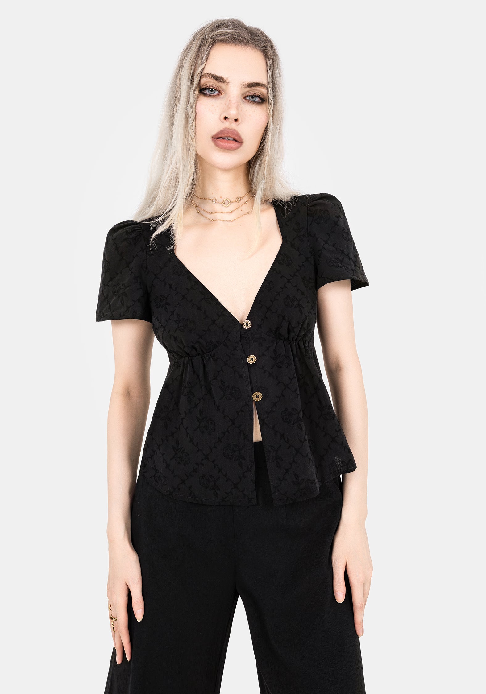 Black V-Neck Peplum Top with Button Front | Polgara Floral Jacquard