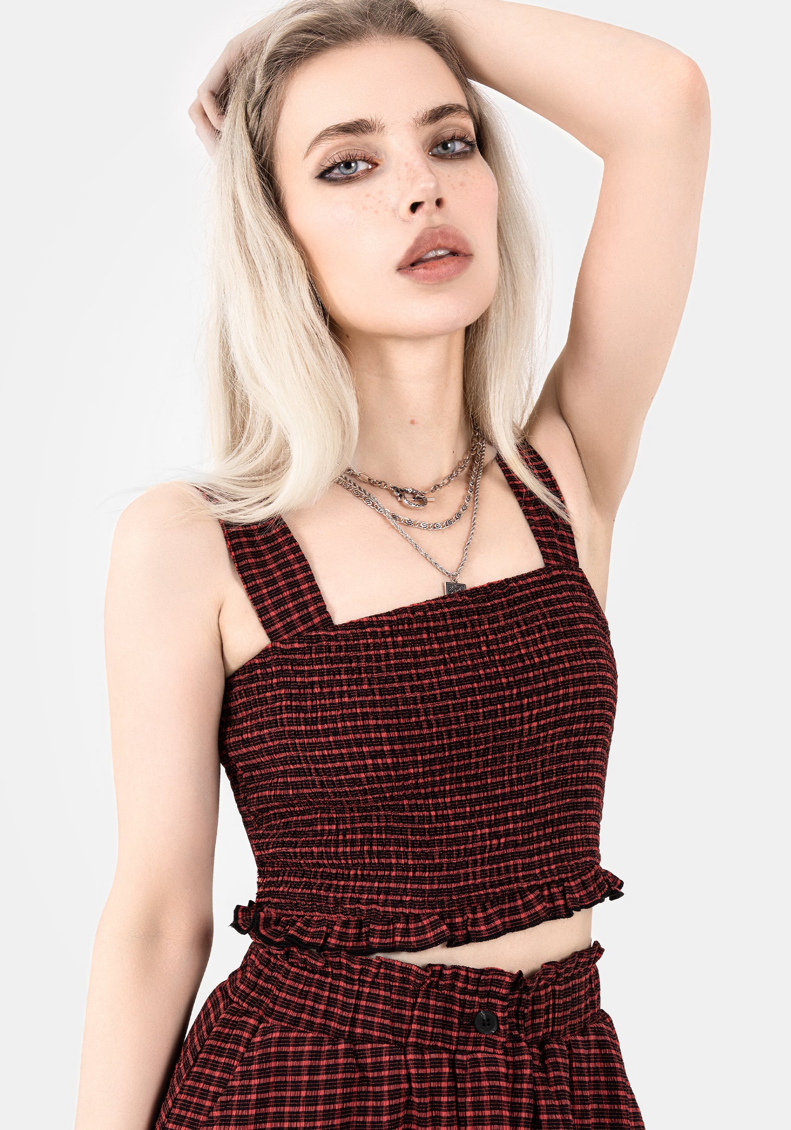 Carmine Check Print Crop Top with Shirred Bodice & Frill Hemline