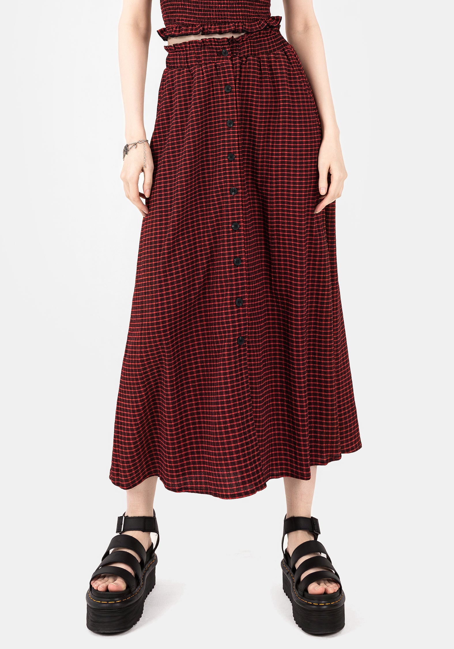 Red Check Print Midaxi Skirt with Elastic Waist & Button Front