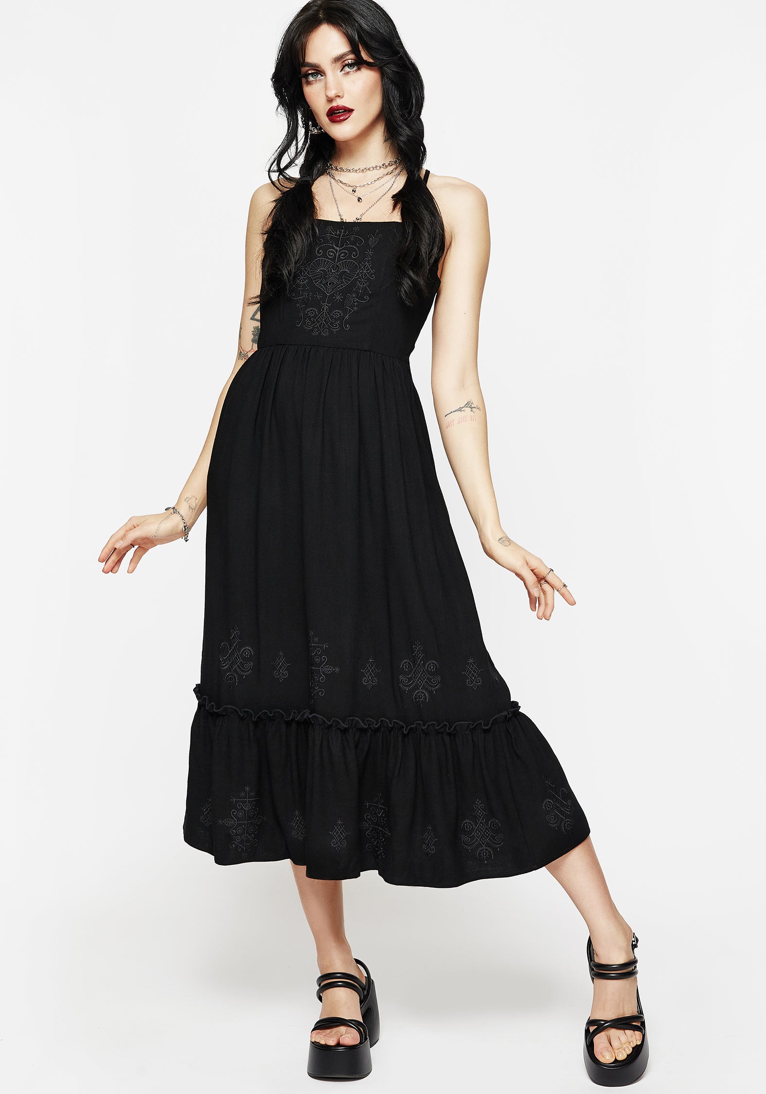 Black Embroidered Cami Midi Dress with Heart Detail | Cordata