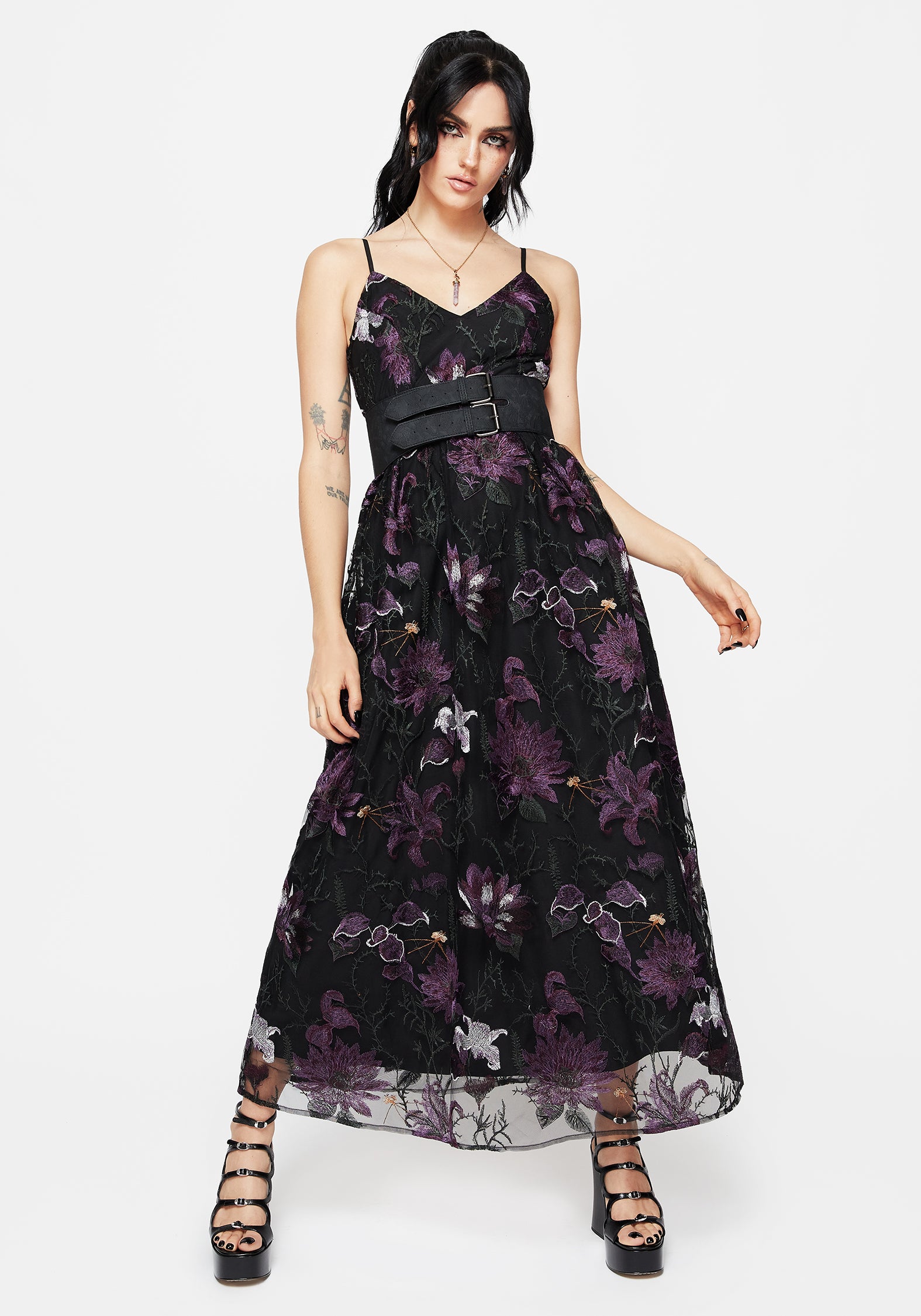 Embroidered Mesh Cami Dress with Floral Vine Detail | Estrid