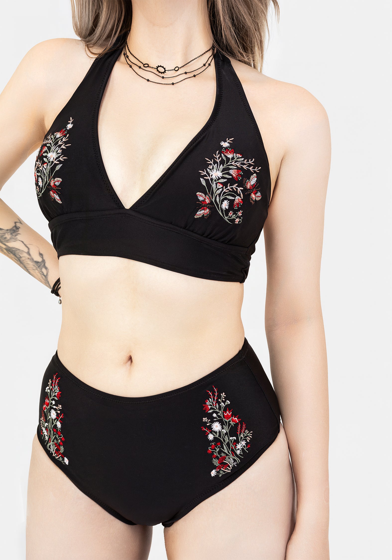 Floral Embroidered High Waist Swim Bottoms | Black Moth & Mushroom Design
