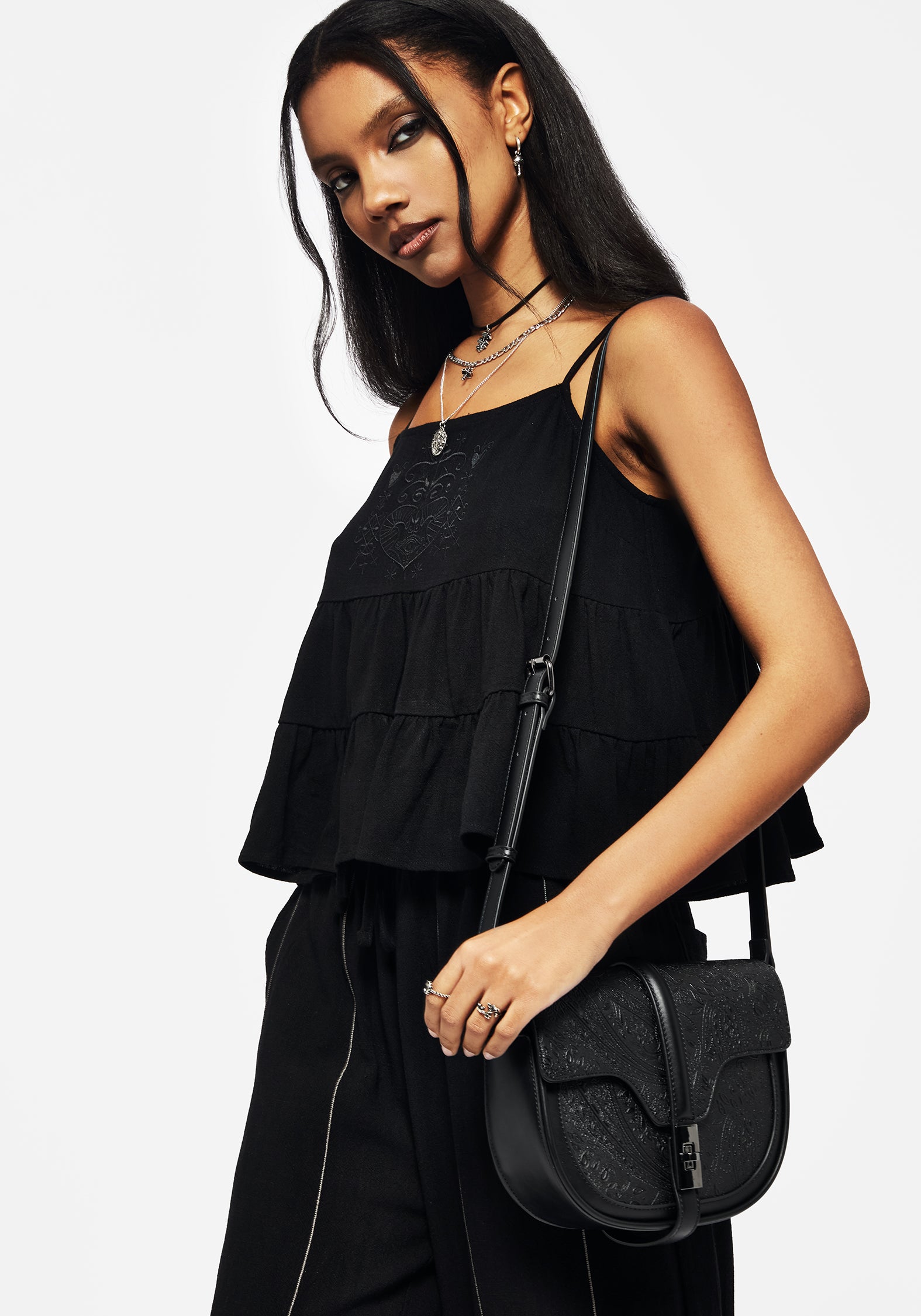 Linen-Blend Embroidered Cami Top with Tiered Detail | Cordata