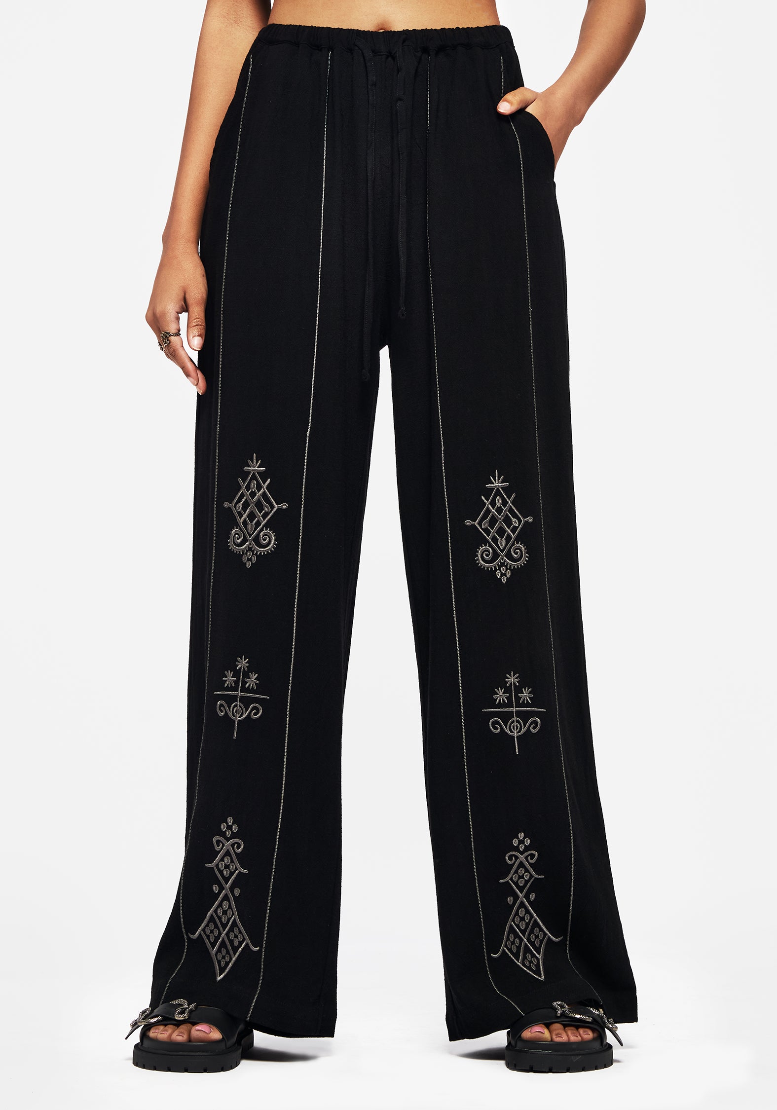 Black Embroidered Wide Leg Pants with Elastic Waist | Merrymount