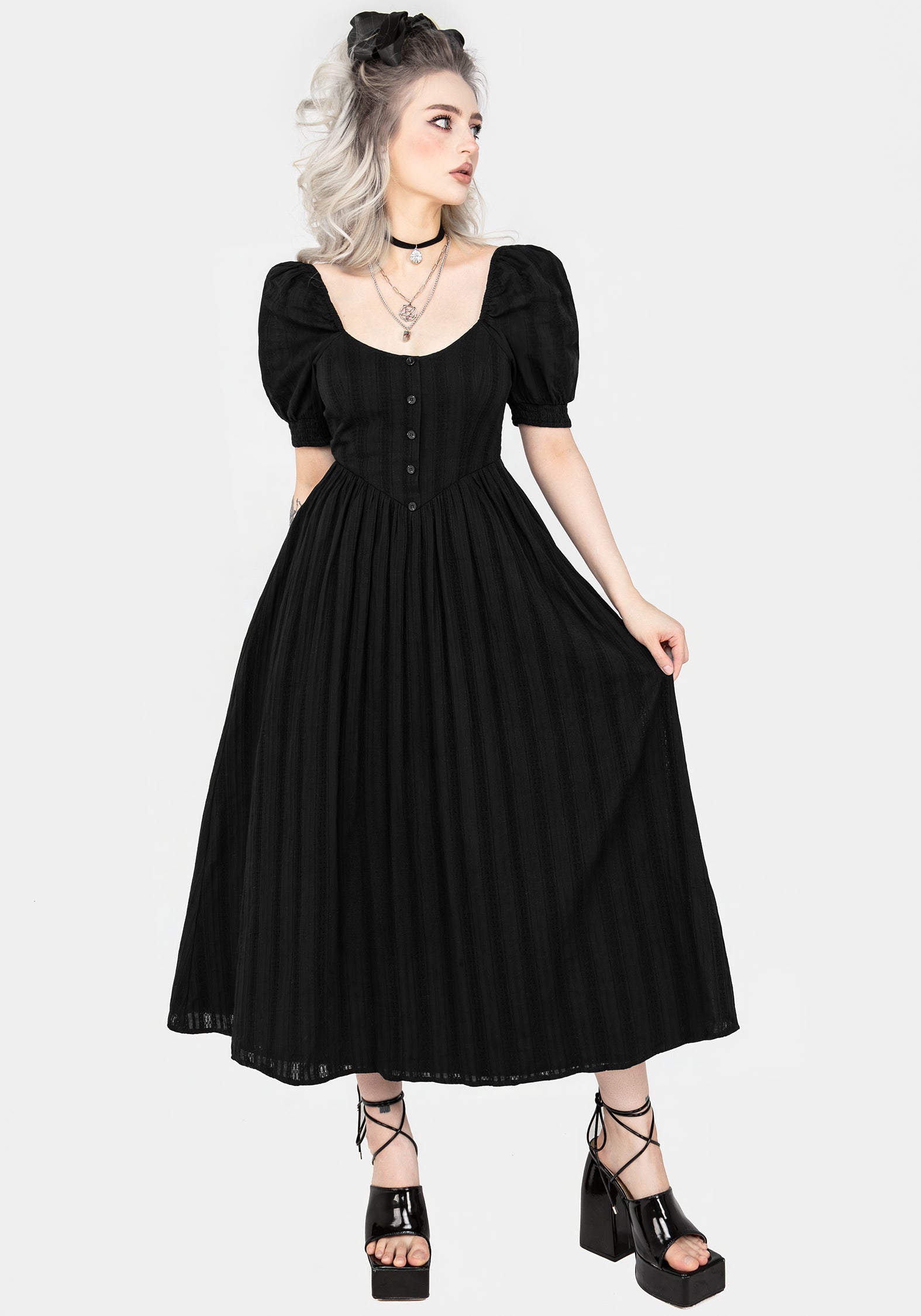 Black Broderie Button-Front Puff Sleeve Dress | Marcia