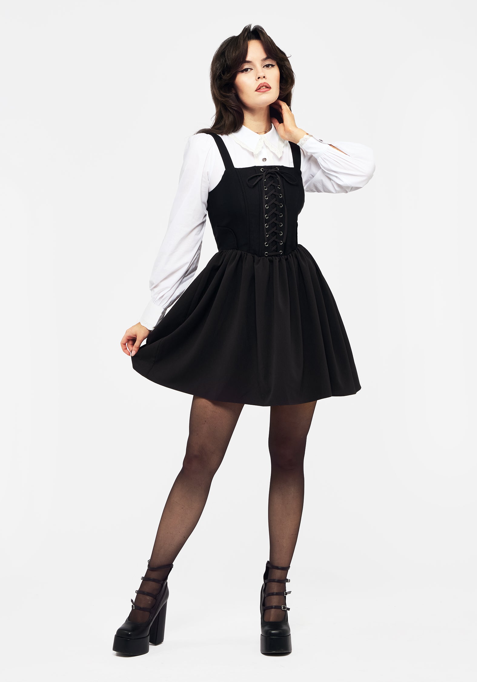 Black Lace-Up Corset Mini Dress with Boning & Zipper | Miranda