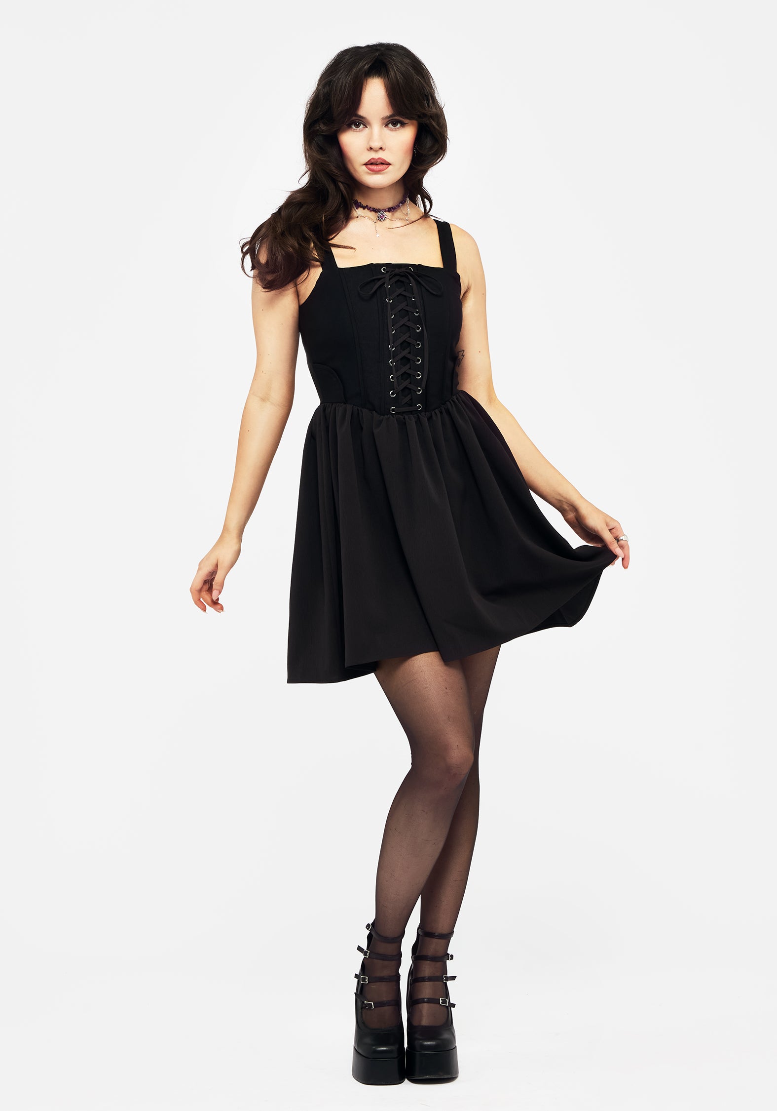 Black Lace-Up Corset Mini Dress with Boning & Zipper | Miranda