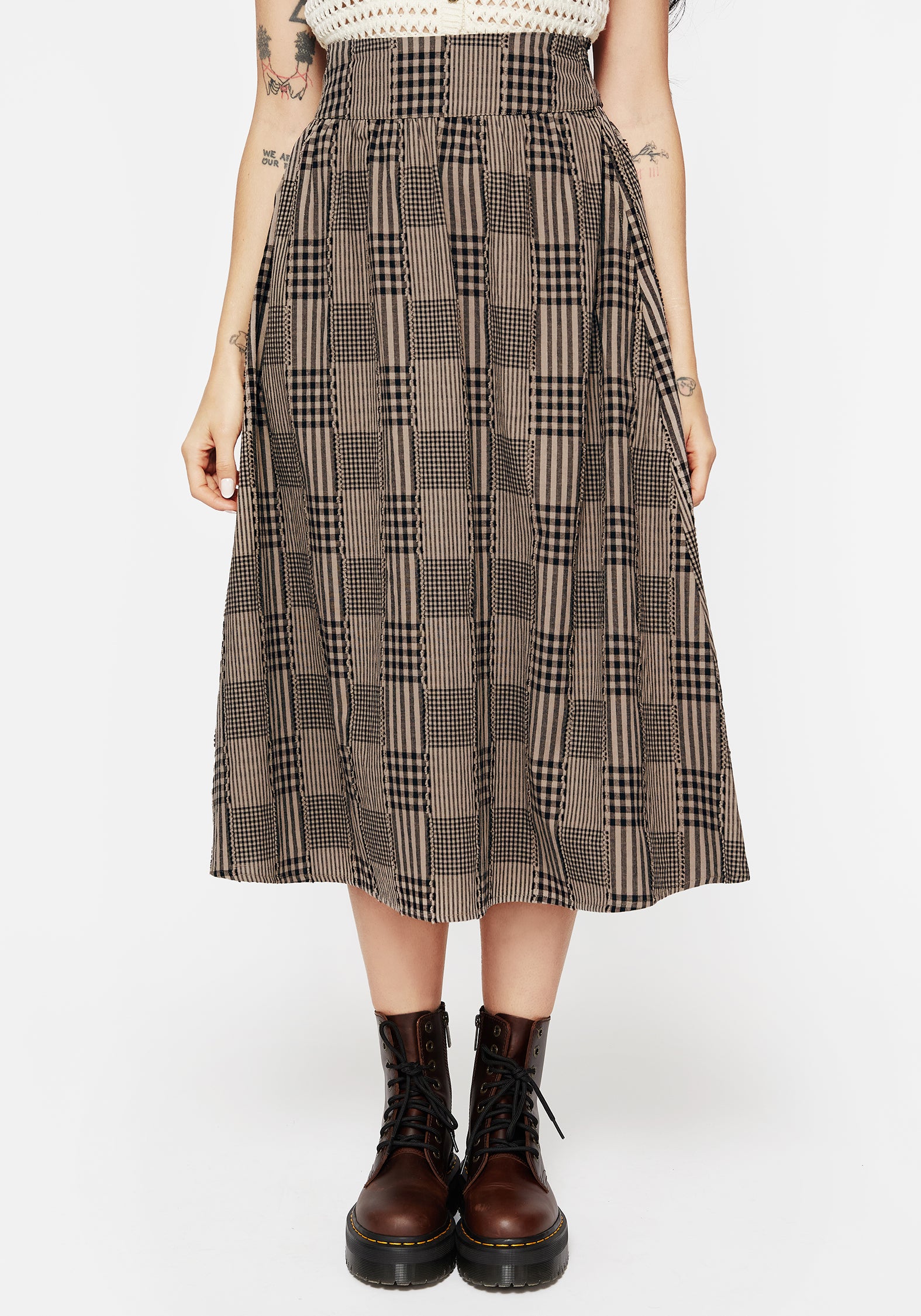 Brown Check Midi Skirt with Pockets & Stretch Waistband | Mabel