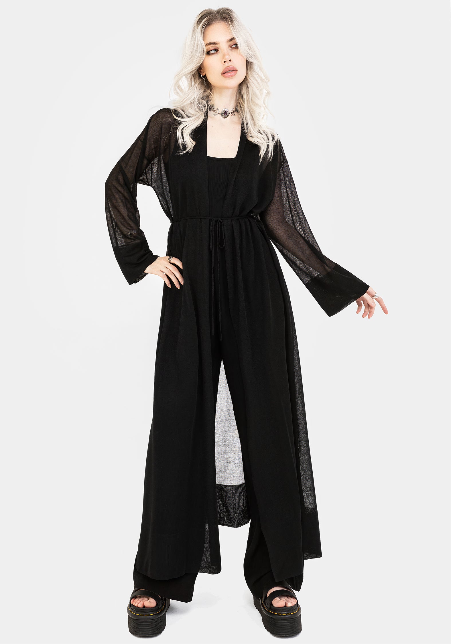 Black Longline Knit Cardigan with Detachable Belt | Soren