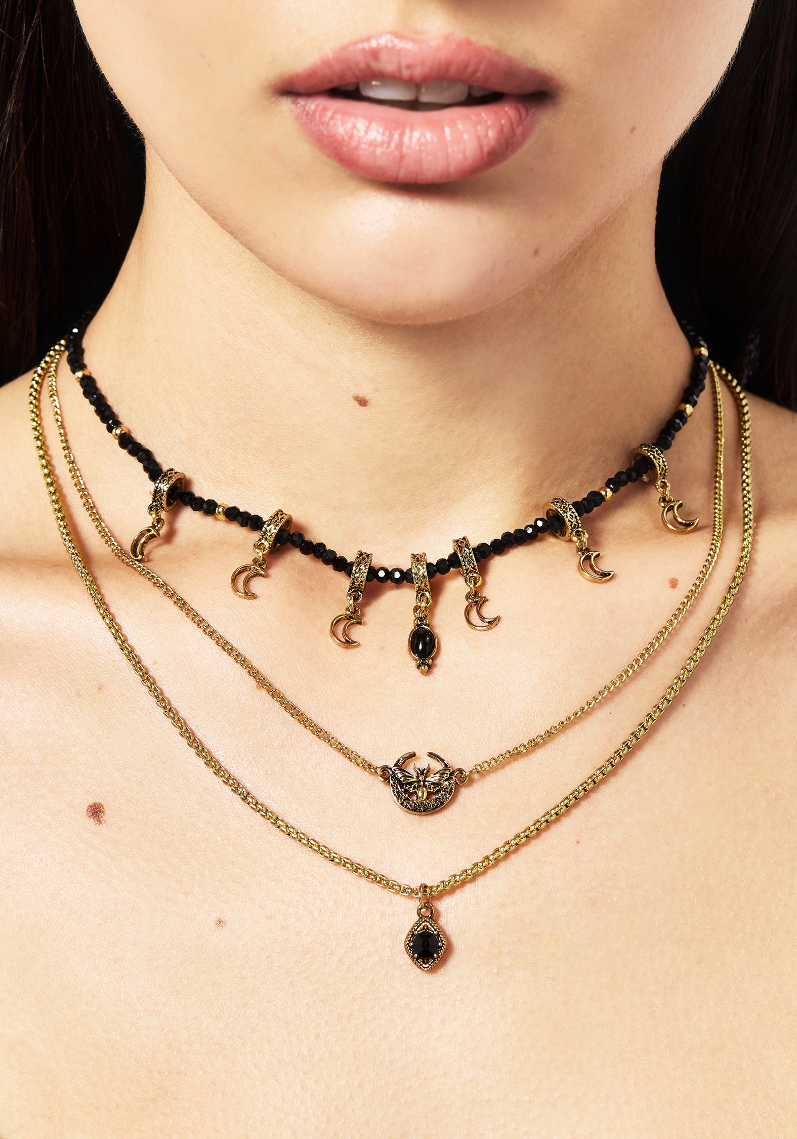 Gold Moon & Moth Layered Necklace with Beaded Choker | Ciela