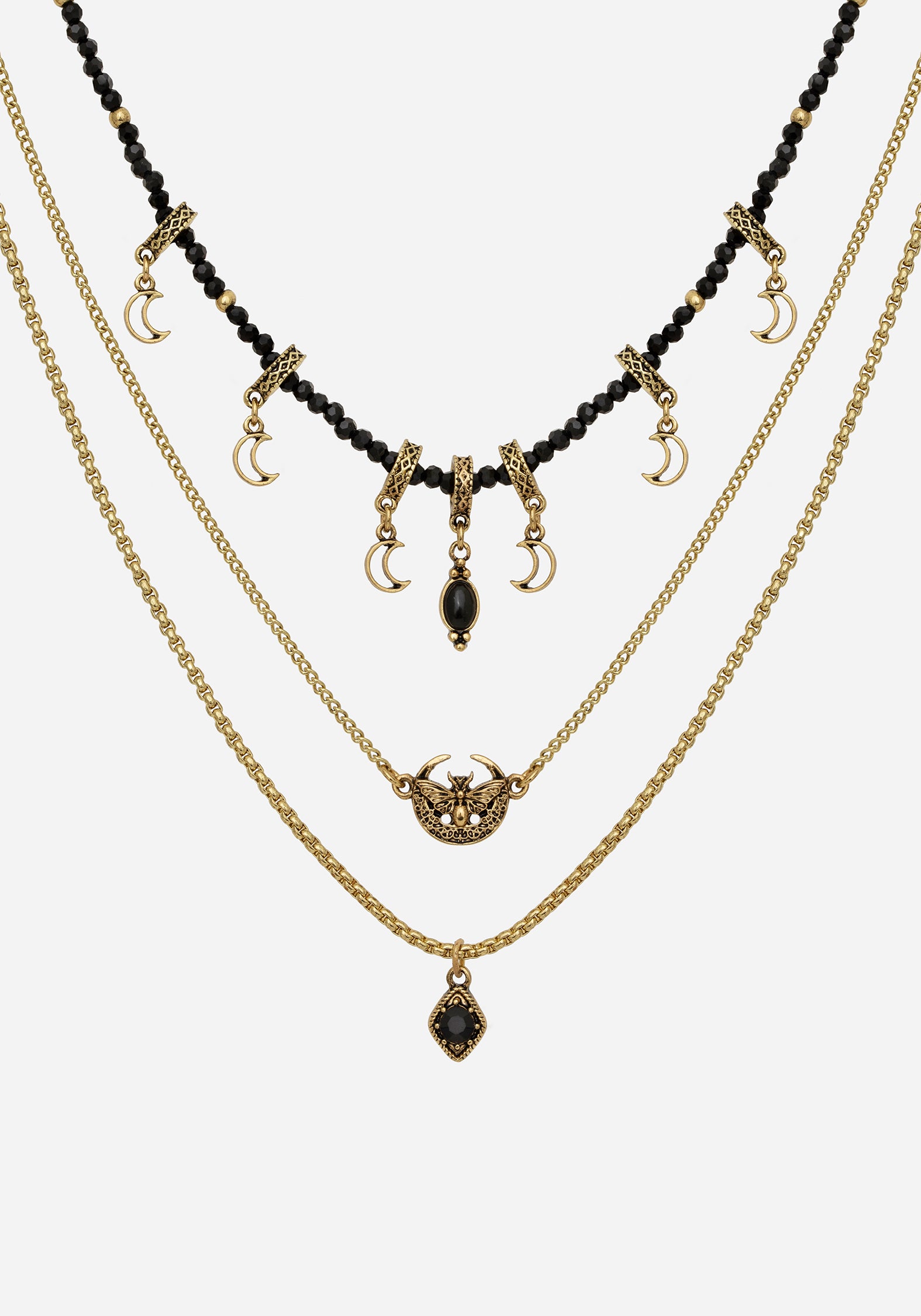 Gold Moon & Moth Layered Necklace with Beaded Choker | Ciela