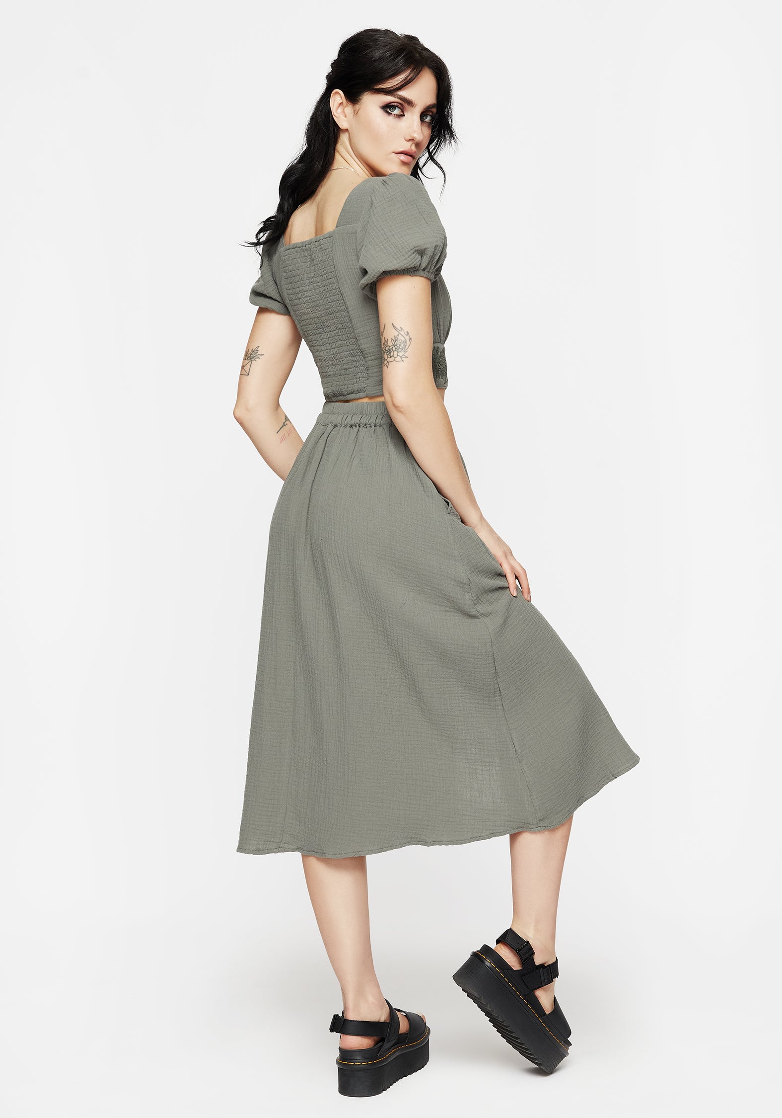 Green Cotton Midi Skirt with Ivy Applique & Side Pockets | Alder
