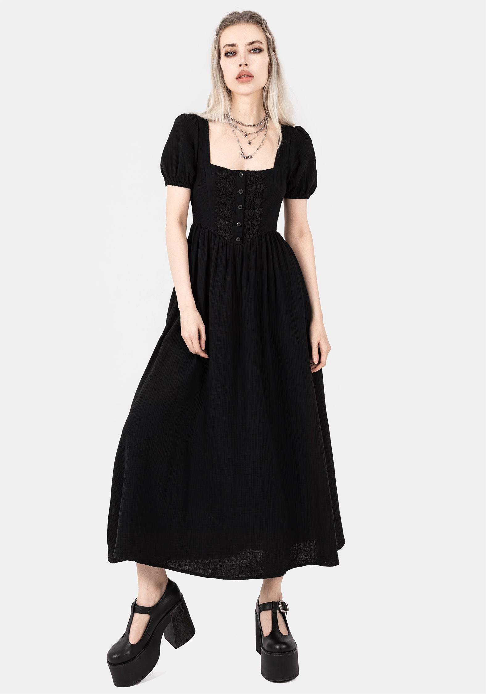 Black Cotton Embroidered Midaxi Dress with Puff Sleeves & Pockets | Alder